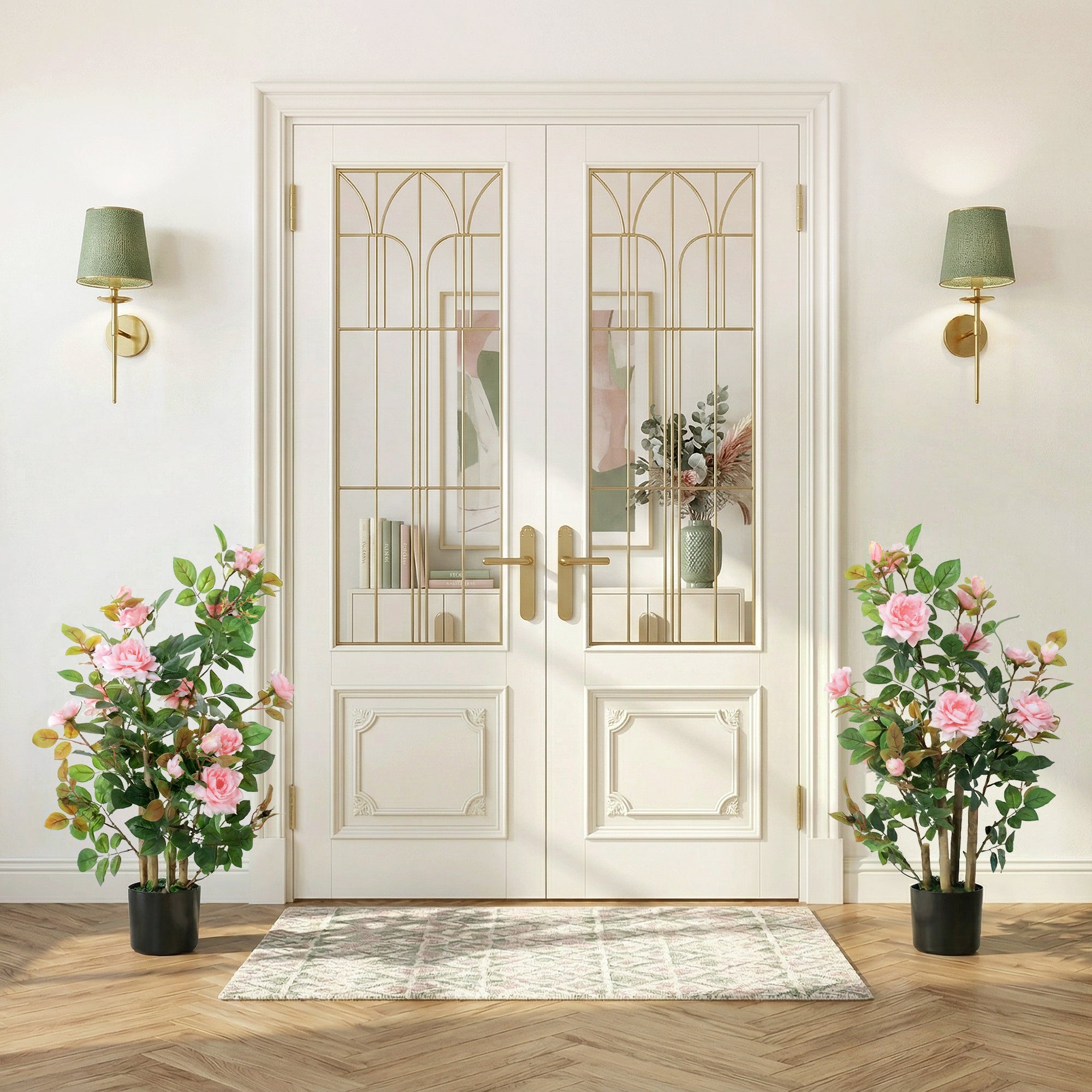 90cm Artificial Rose Tree Set of 2, Decorative Fake Plant with 344 Silk Leaves and 17 Flowers, UV-Resistant Faux Tree for Outdoor Indoor Garden Porch Decor, Pink