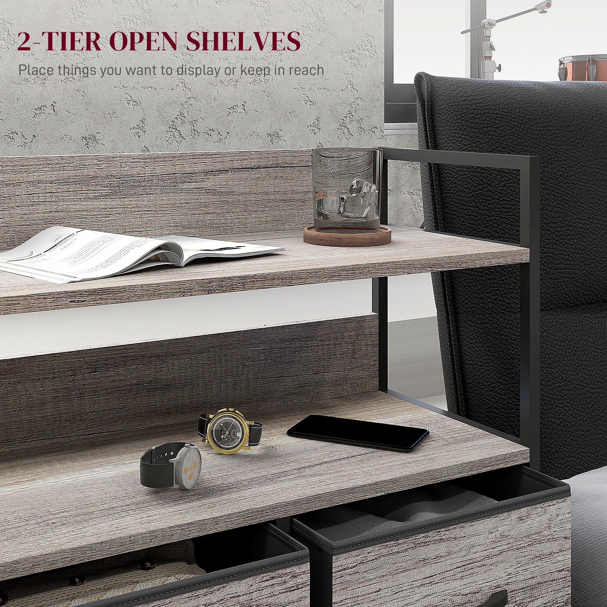 Bedroom Chest of Drawers, Fabric Dresser with 5 Drawers, Storage Organiser Unit with Open Shelves and Metal Frame for Living Room, Entryway, Grey Wood Effect