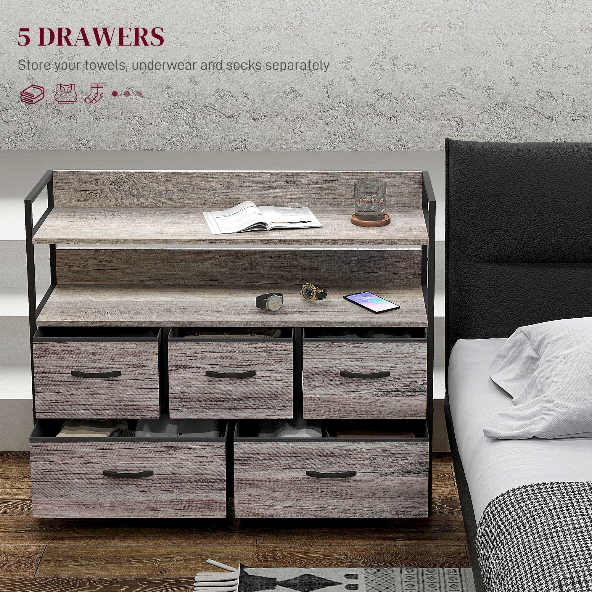 Bedroom Chest of Drawers, Fabric Dresser with 5 Drawers, Storage Organiser Unit with Open Shelves and Metal Frame for Living Room, Entryway, Grey Wood Effect