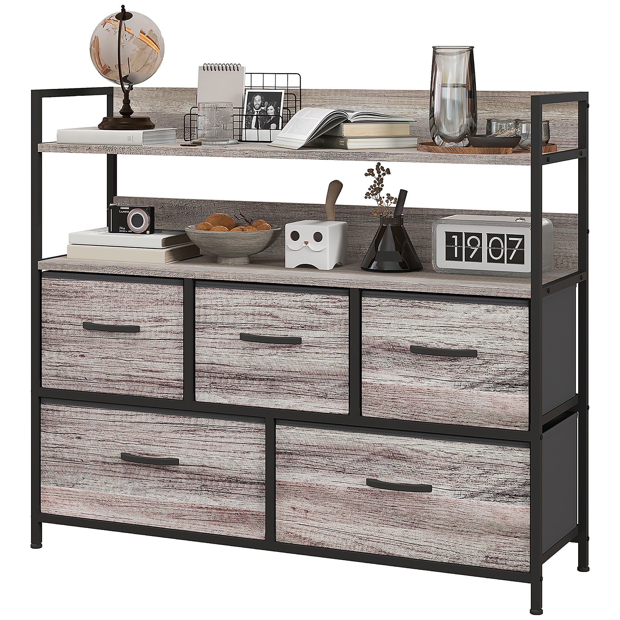 Bedroom Chest of Drawers, Fabric Dresser with 5 Drawers, Storage Organiser Unit with Open Shelves and Metal Frame for Living Room, Entryway, Grey Wood Effect