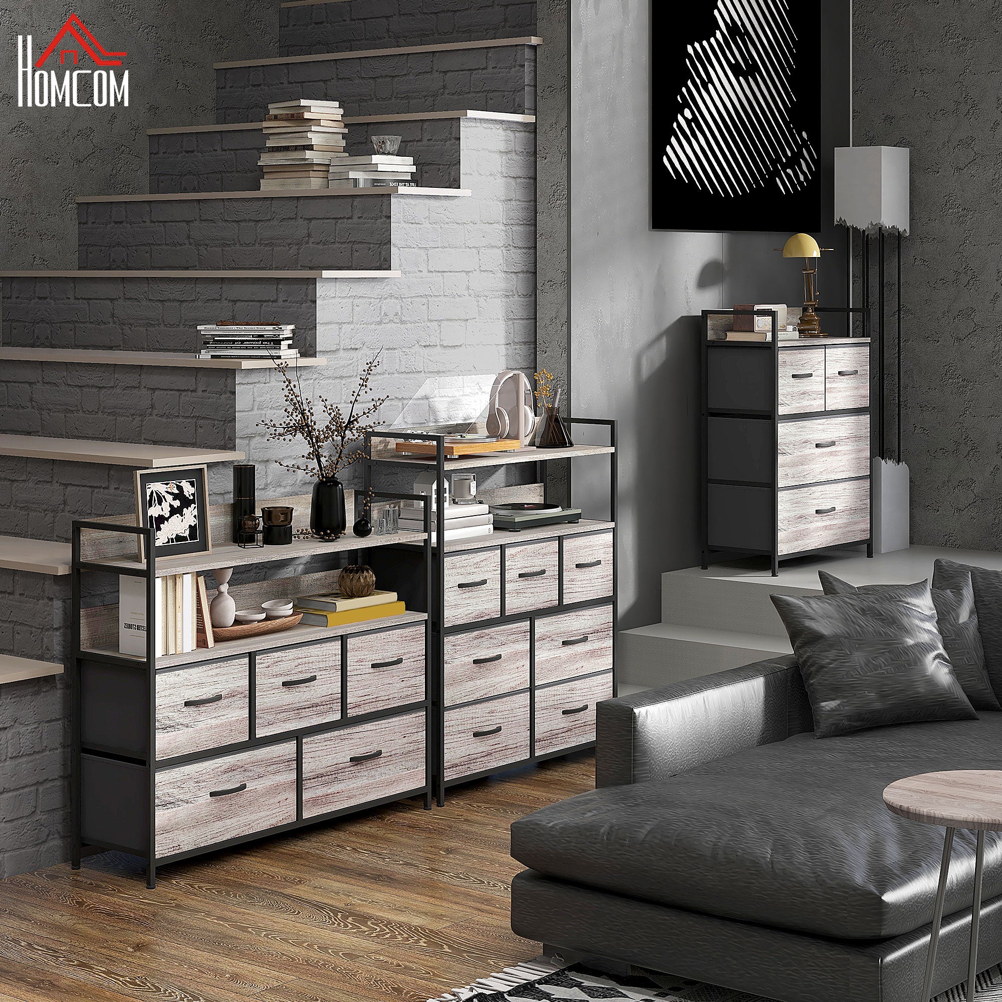 Bedroom Chest of Drawers, Fabric Dresser with 5 Drawers, Storage Organiser Unit with Open Shelves and Metal Frame for Living Room, Entryway, Grey Wood Effect