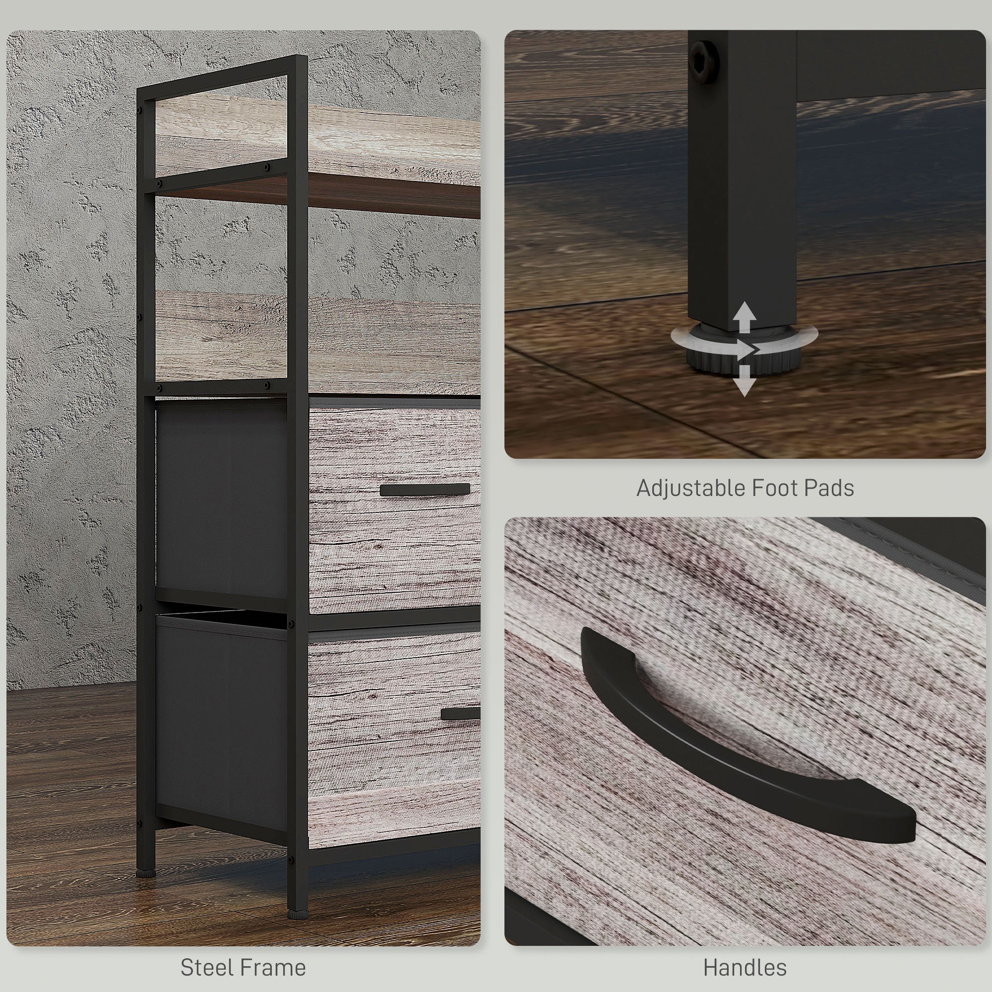 Bedroom Chest of Drawers, Fabric Dresser with 5 Drawers, Storage Organiser Unit with Open Shelves and Metal Frame for Living Room, Entryway, Grey Wood Effect