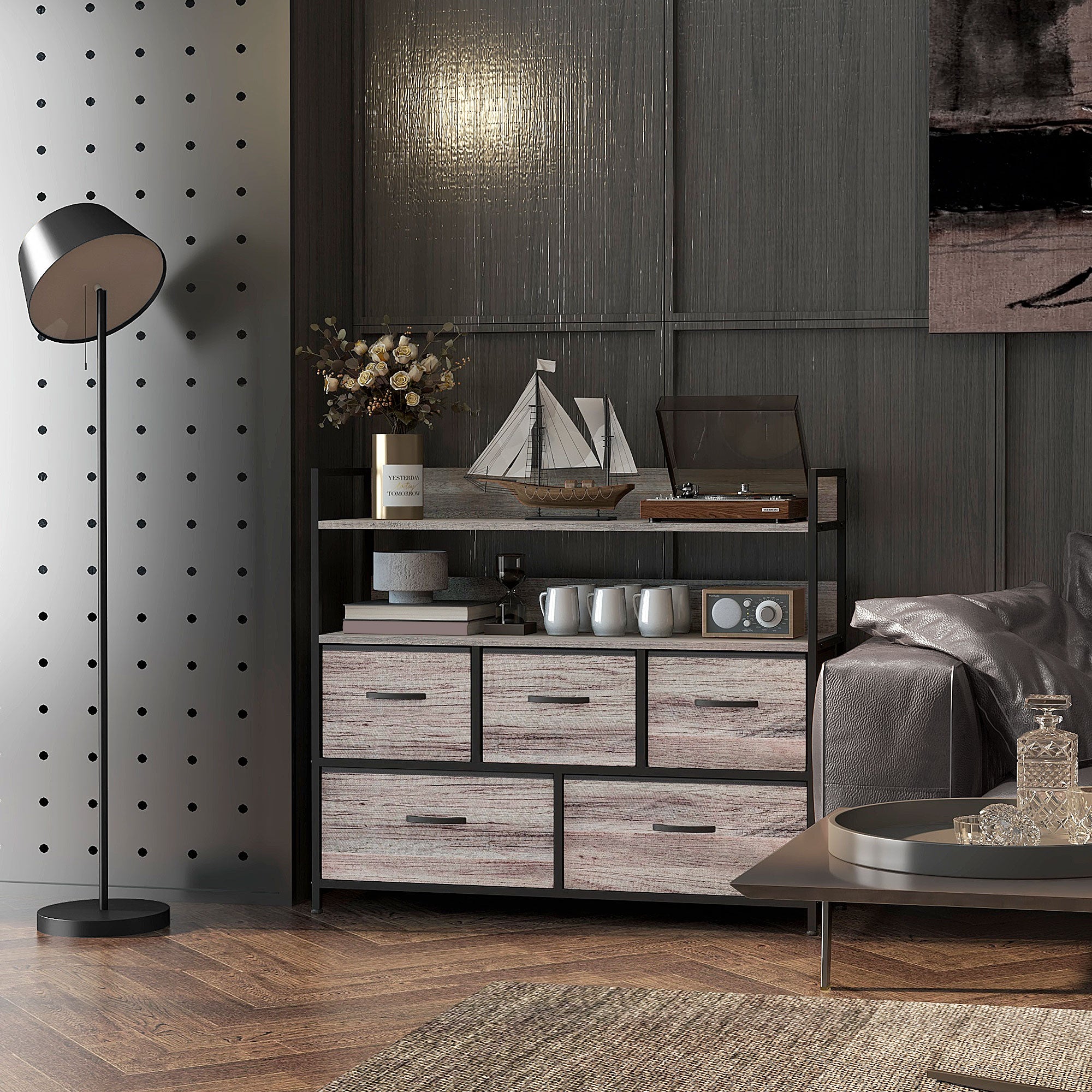 Bedroom Chest of Drawers, Fabric Dresser with 5 Drawers, Storage Organiser Unit with Open Shelves and Metal Frame for Living Room, Entryway, Grey Wood Effect