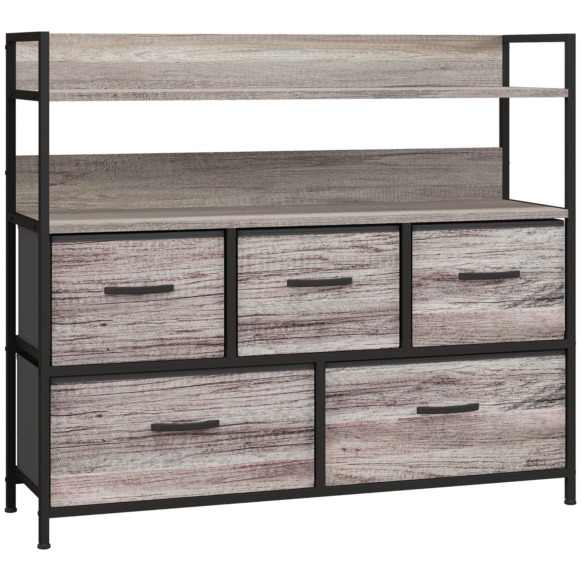 Bedroom Chest of Drawers, Fabric Dresser with 5 Drawers, Storage Organiser Unit with Open Shelves and Metal Frame for Living Room, Entryway, Grey Wood Effect