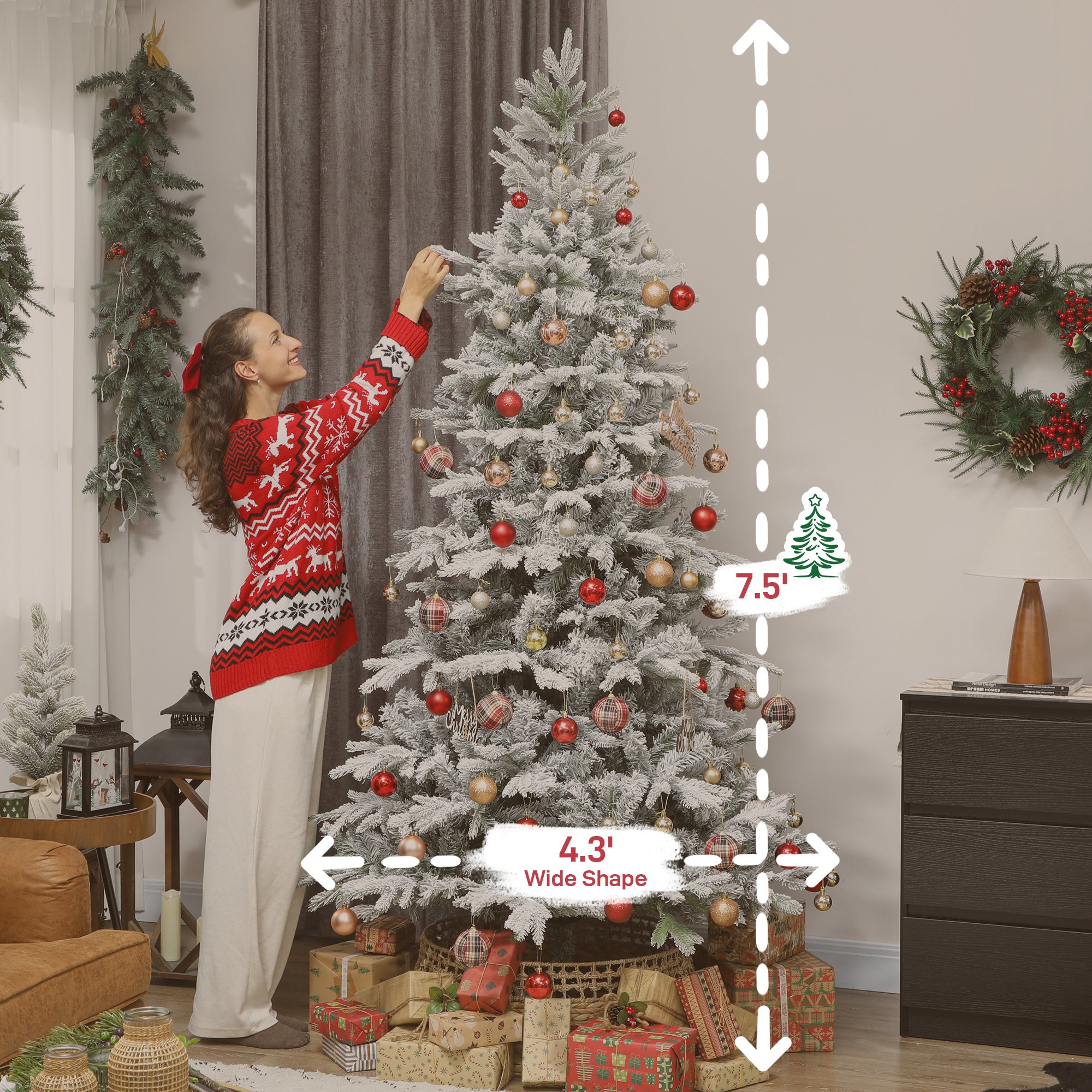 7.5ft Artificial Spruce Slim Christmas Tree, Snow Flocked Xmas Tree w/ 1,762 Branch Tips, Foldable Metal Stand and Hinged Branches, Noble Holiday Decor