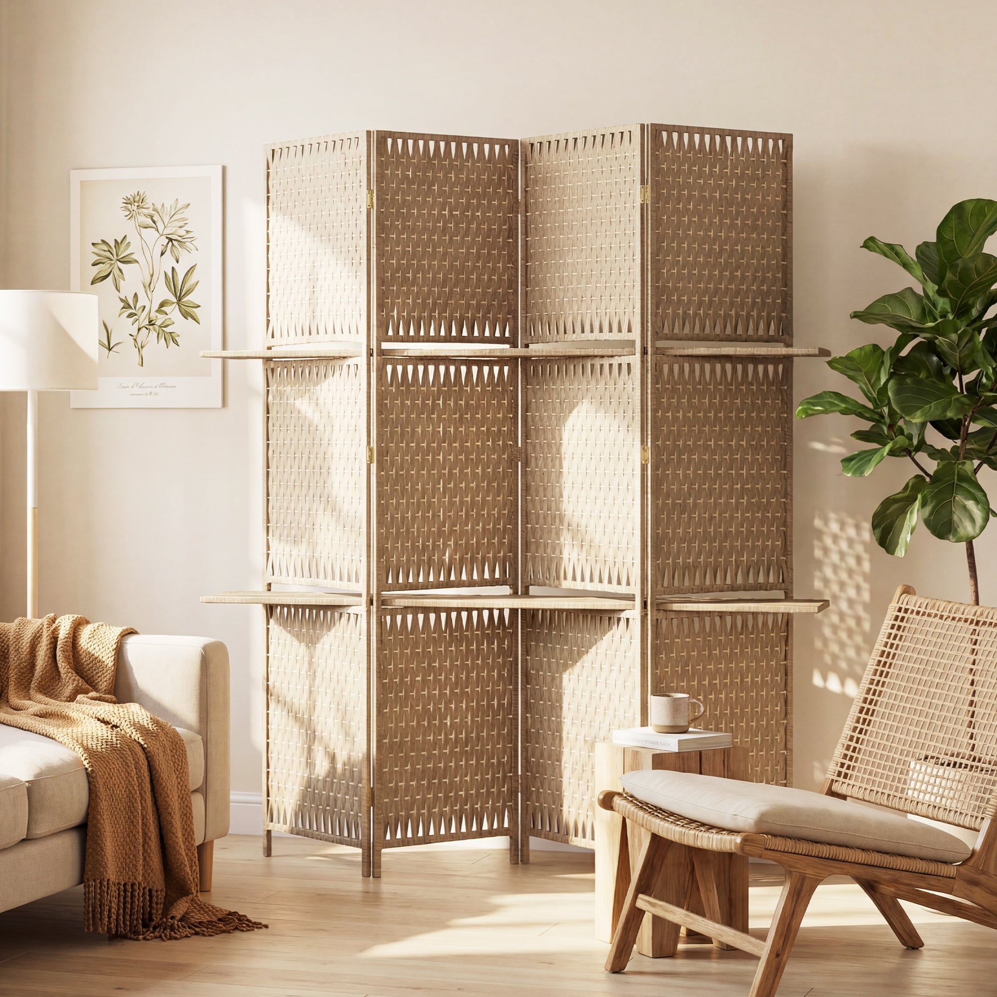 4-Panel Room Divider with Shelves, Wave Fibre Freestanding Folding Privacy Screen Panels, Partition Wall Divider for Indoor Bedroom Office, 180 cm, Natural Wood Finish