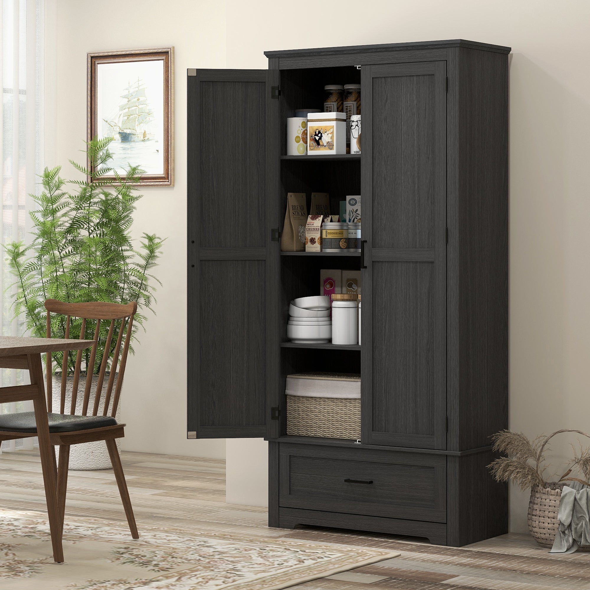 69" Tall Kitchen Storage Cabinet with Adjustable Shelves, Black - HOMCOM