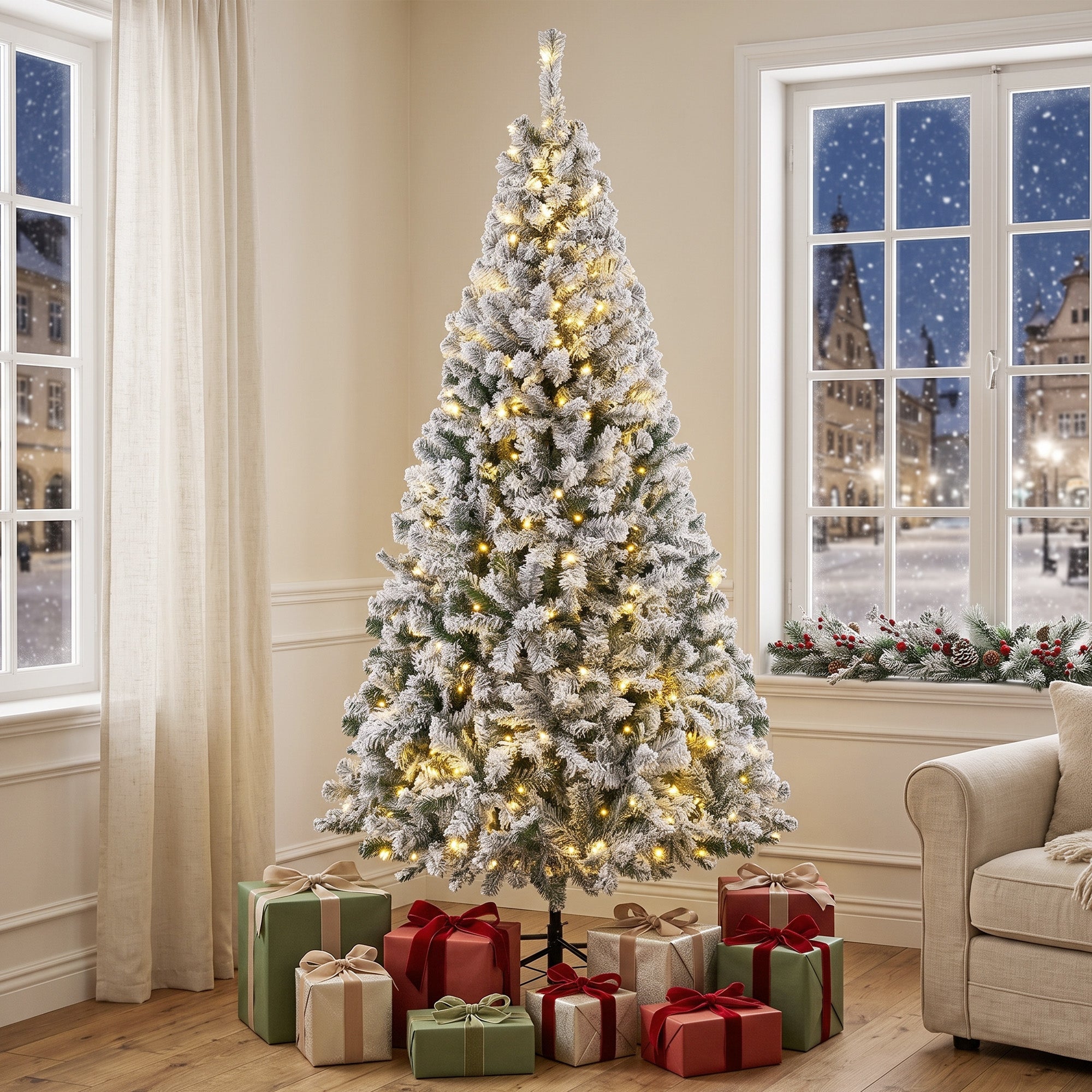6ft Flocked Prelit Christmas Tree, Fraser Fir, Hinged Xmas Tree with 790 Branch Tips, 220 Warm White LED Lights, Foldable Metal Base for Indoor Holiday Decor, Green White