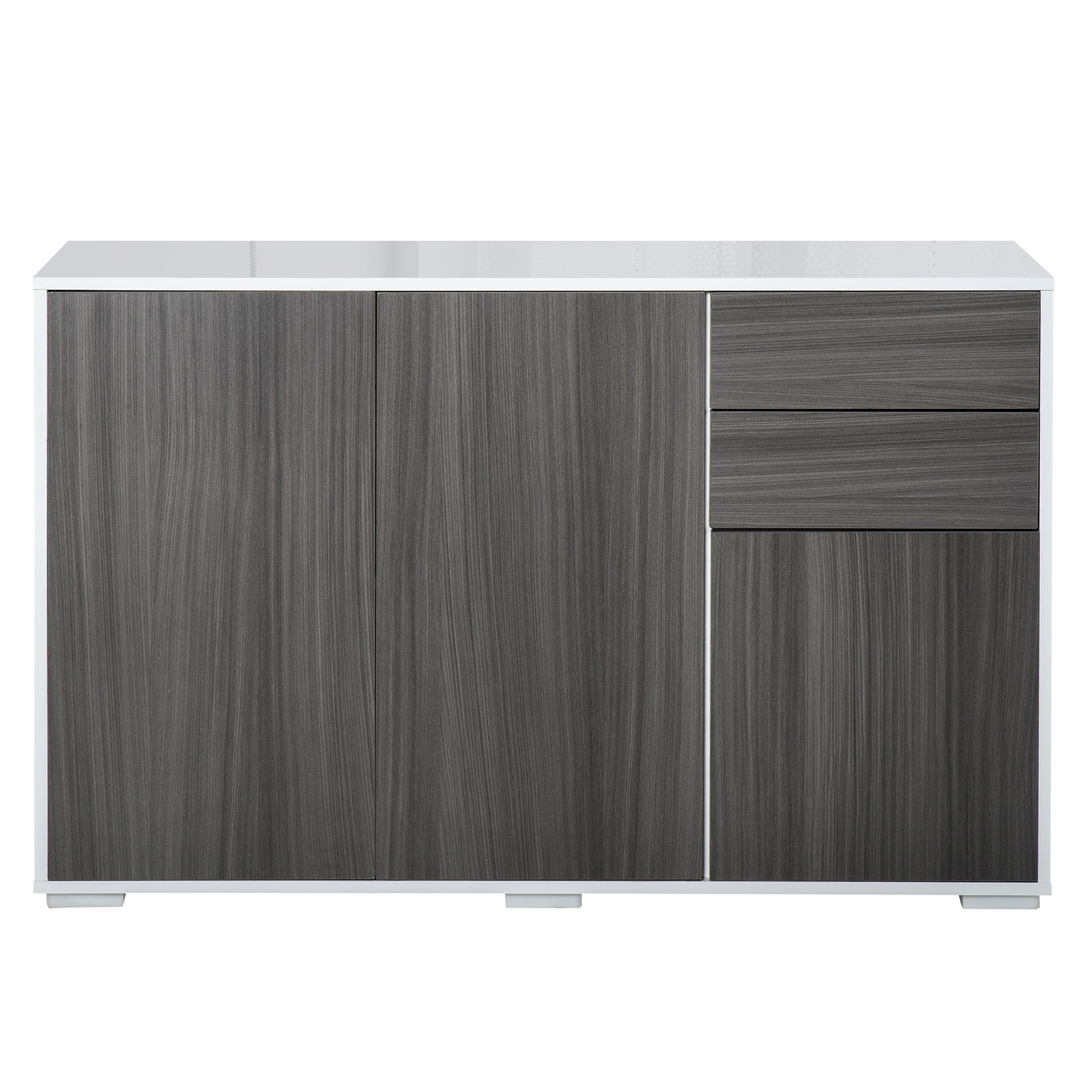 HOMCOM High Gloss Buffet Sideboard with 2 Drawers, 3 Doors and Adjustable Shelf, Kitchen Storage Cabinet with Push Open Design, Grey and White