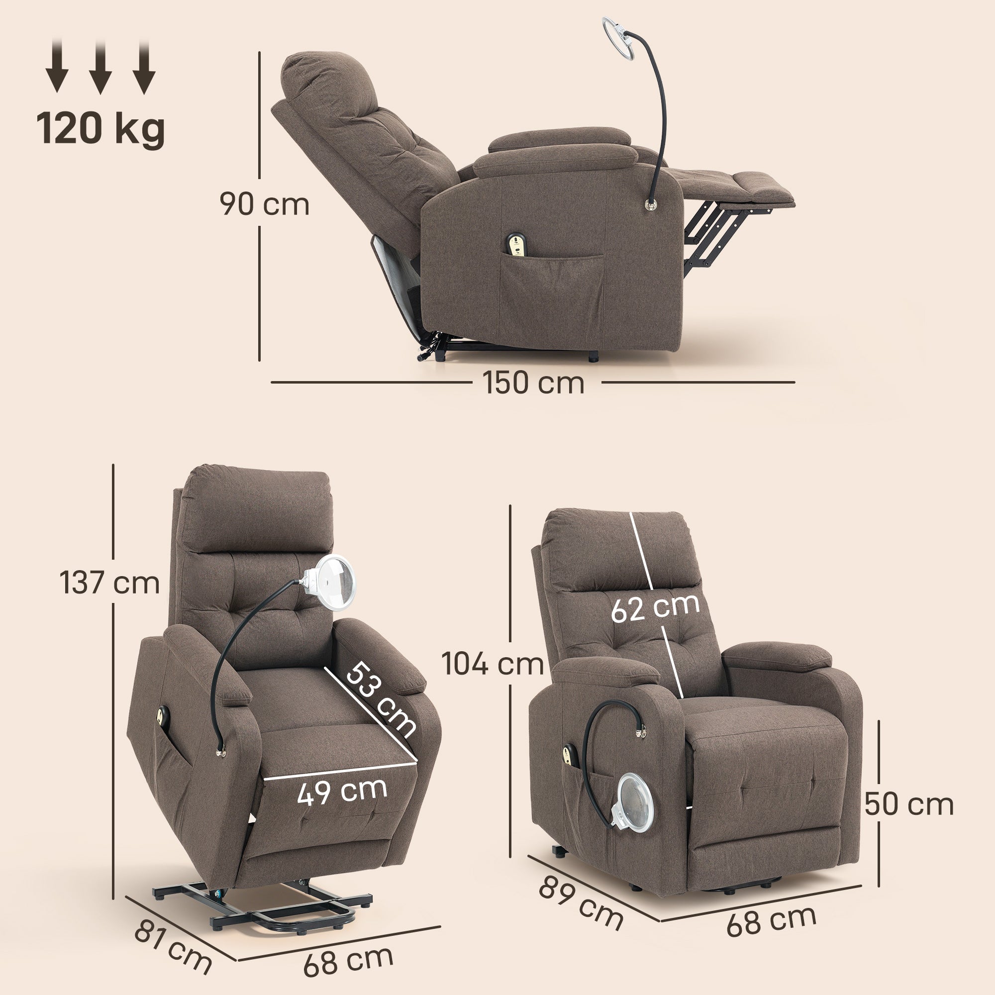 Lift Recliner Armchair for Elderly, Electric Recliner Chair with LED Magnifying Glass, Linen Fabric Riser Reclining Chair with Remote Control, Side Pockets for Living Room, Brown