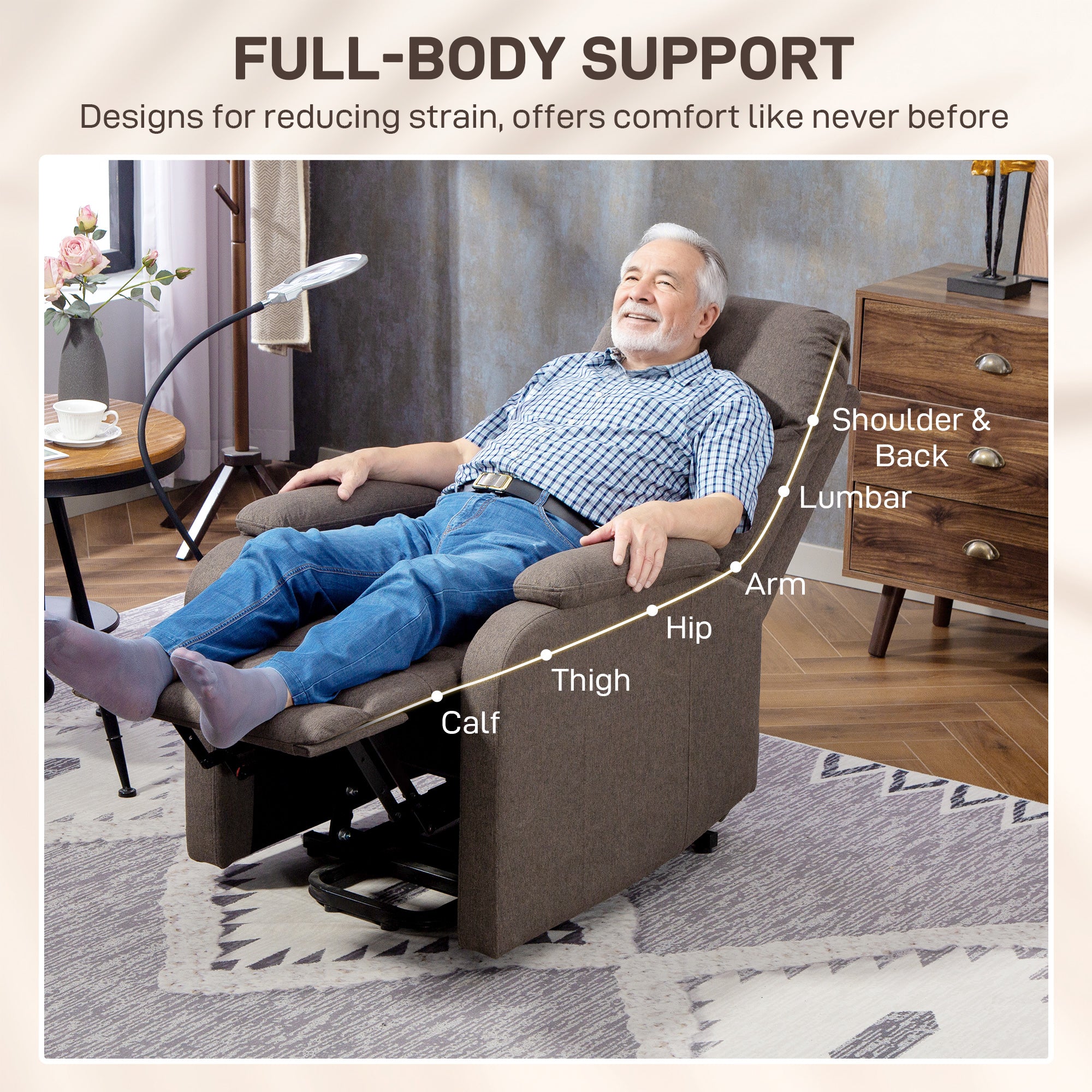 Lift Recliner Armchair for Elderly, Electric Recliner Chair with LED Magnifying Glass, Linen Fabric Riser Reclining Chair with Remote Control, Side Pockets for Living Room, Brown