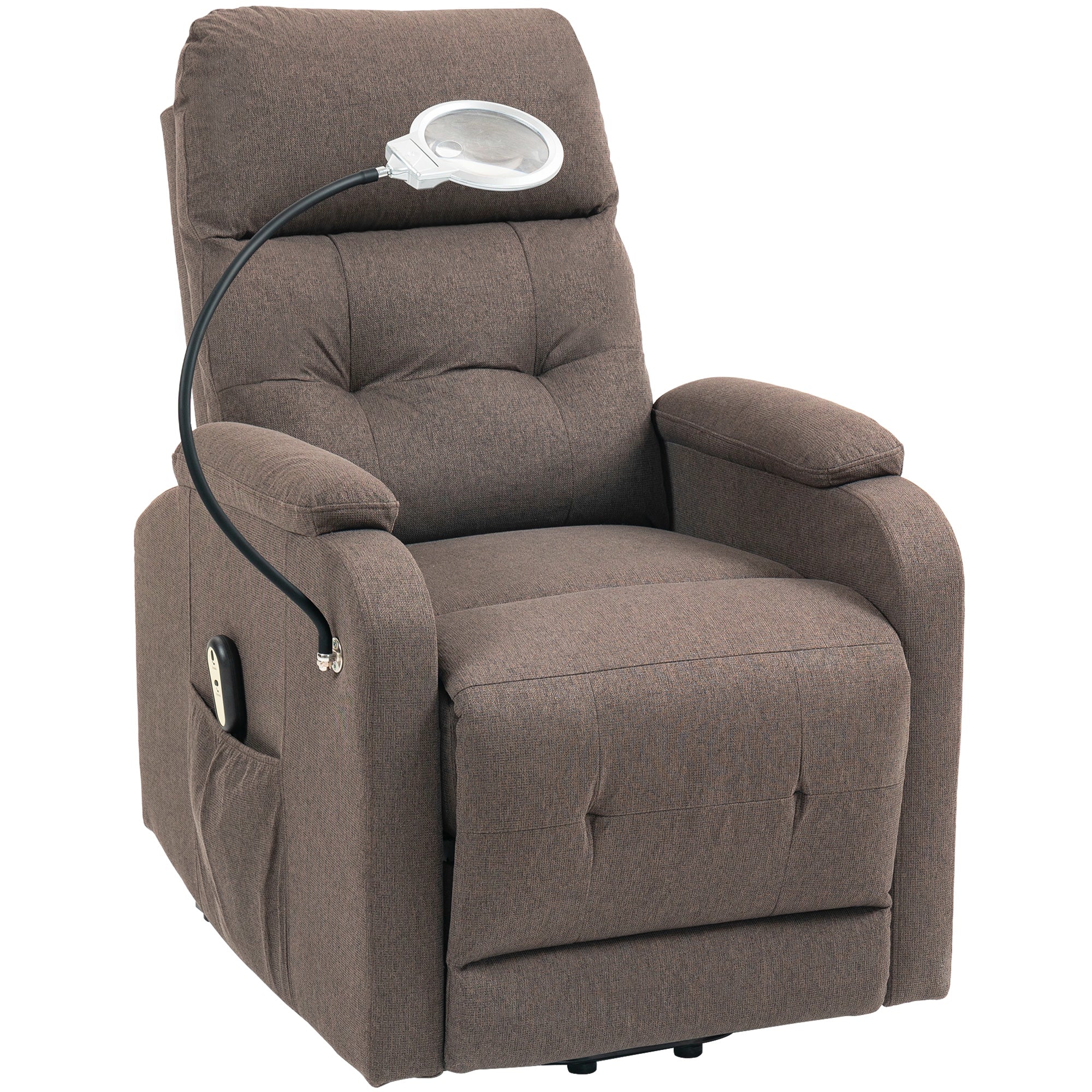 Lift Recliner Armchair for Elderly, Electric Recliner Chair with LED Magnifying Glass, Linen Fabric Riser Reclining Chair with Remote Control, Side Pockets for Living Room, Brown