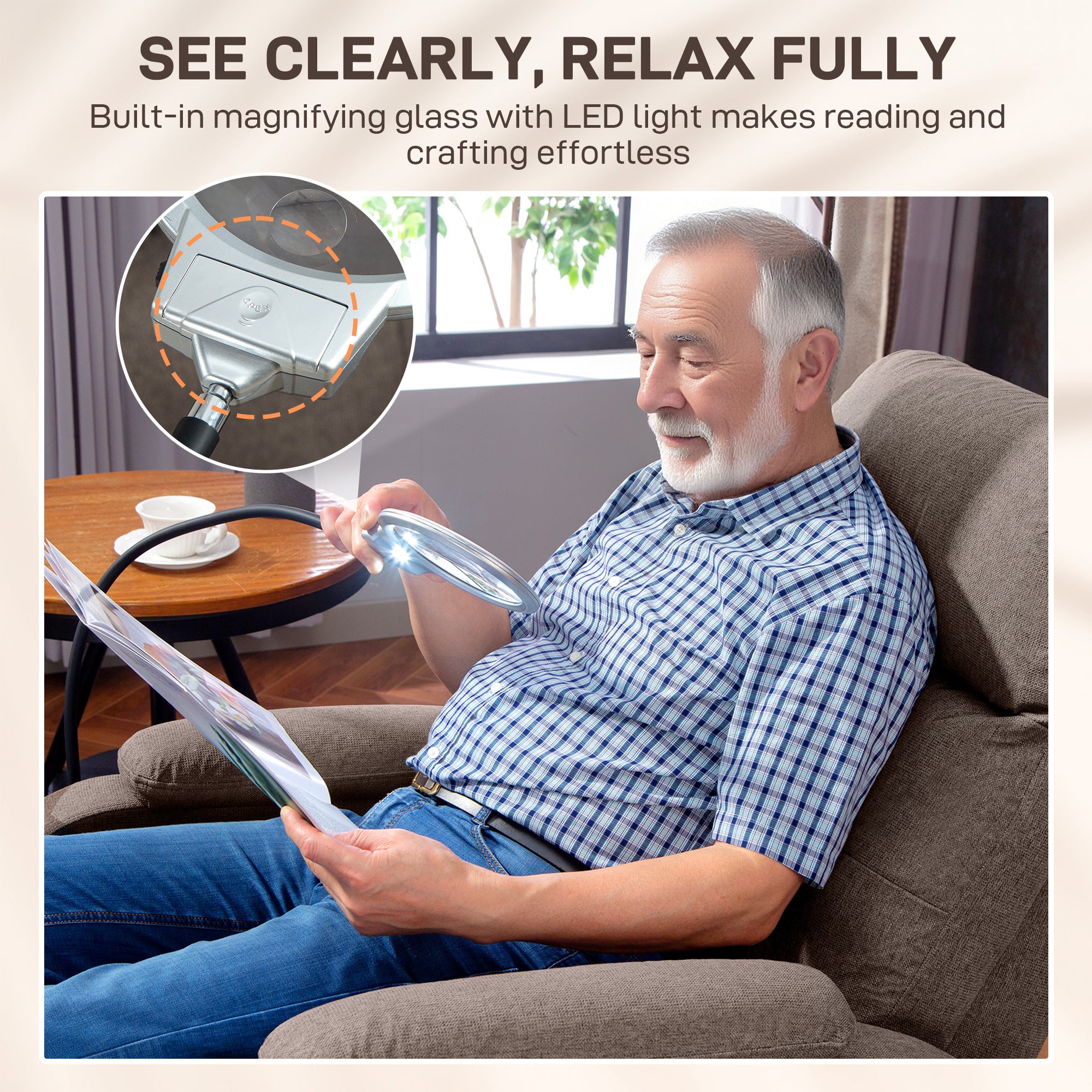 Lift Recliner Armchair for Elderly, Electric Recliner Chair with LED Magnifying Glass, Linen Fabric Riser Reclining Chair with Remote Control, Side Pockets for Living Room, Brown