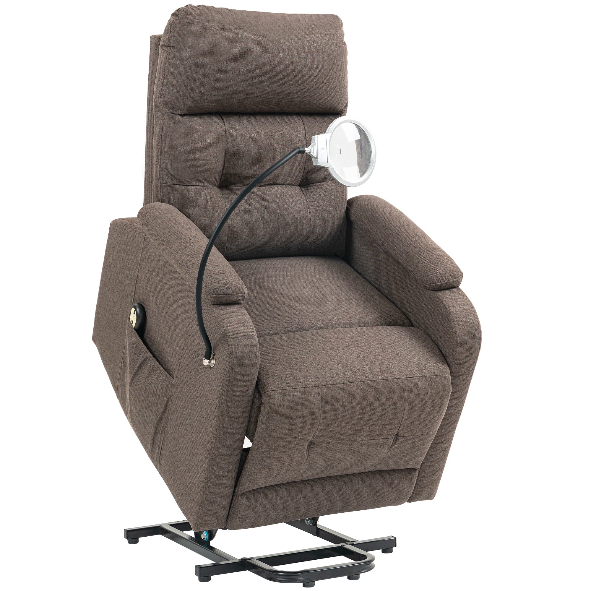Lift Recliner Armchair for Elderly, Electric Recliner Chair with LED Magnifying Glass, Linen Fabric Riser Reclining Chair with Remote Control, Side Pockets for Living Room, Brown
