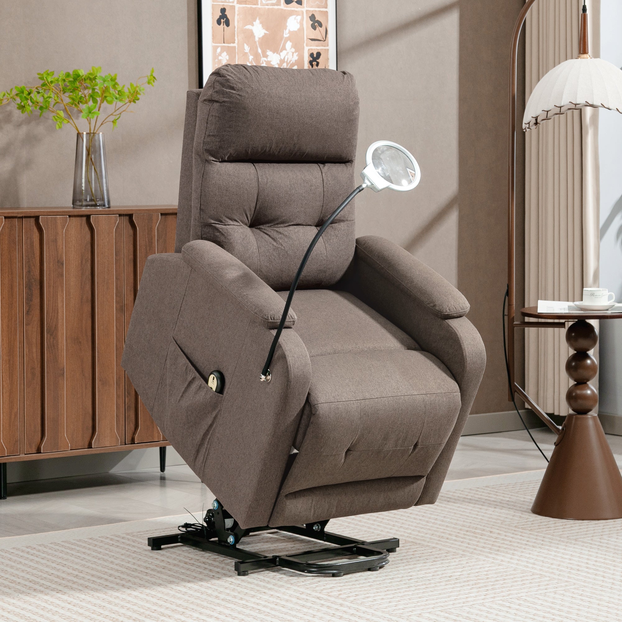 Lift Recliner Armchair for Elderly, Electric Recliner Chair with LED Magnifying Glass, Linen Fabric Riser Reclining Chair with Remote Control, Side Pockets for Living Room, Brown