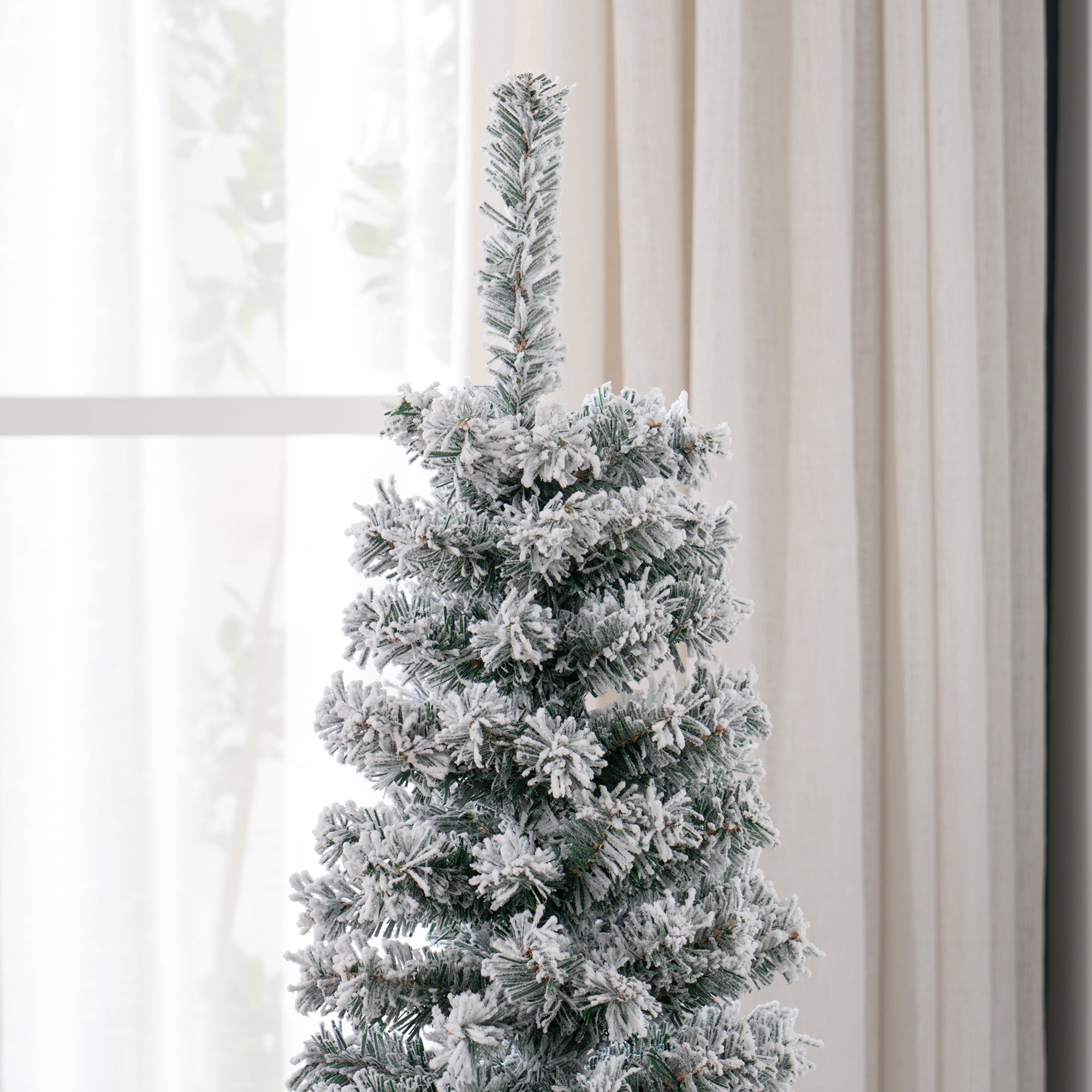 HOMCOM 5ft Snow Flocked Pencil Christmas Tree, Artificial Slim Xmas Tree with Realistic Branch Tips, Folding Metal Stand, Green