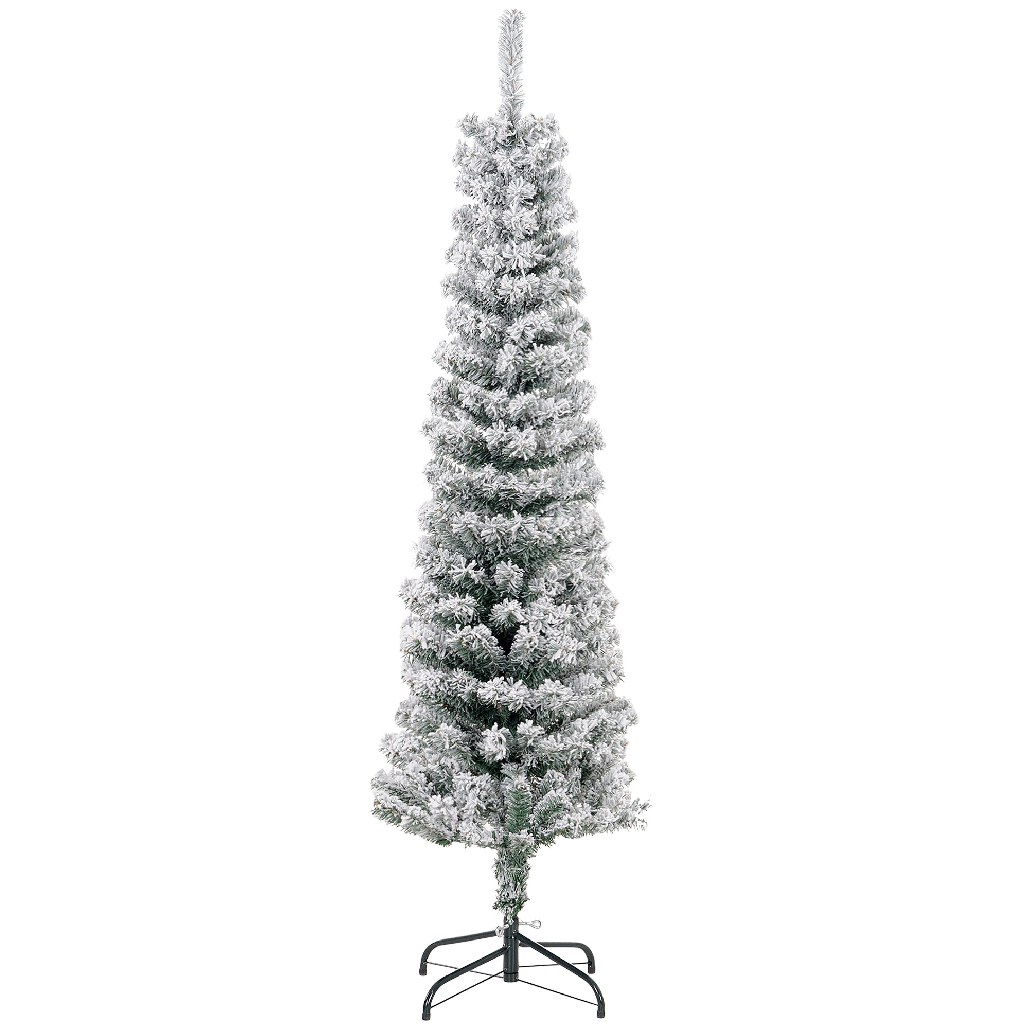 HOMCOM 5ft Snow Flocked Pencil Christmas Tree, Artificial Slim Xmas Tree with Realistic Branch Tips, Folding Metal Stand, Green