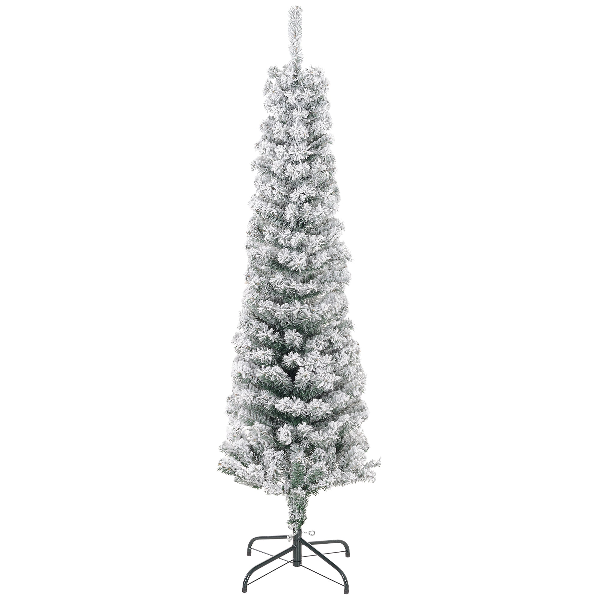 HOMCOM 5ft Snow Flocked Pencil Christmas Tree, Artificial Slim Xmas Tree with Realistic Branch Tips, Folding Metal Stand, Green