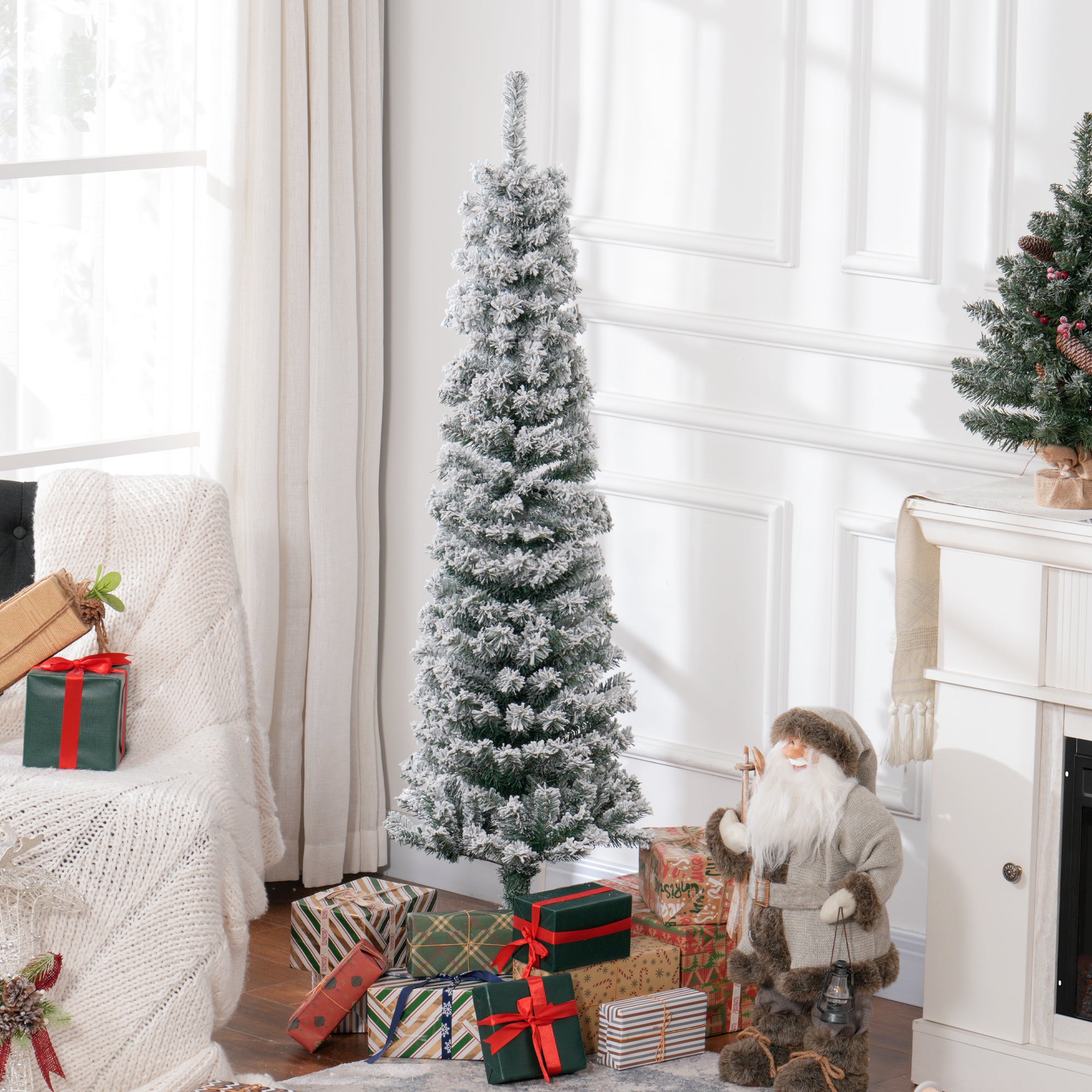 HOMCOM 5ft Snow Flocked Pencil Christmas Tree, Artificial Slim Xmas Tree with Realistic Branch Tips, Folding Metal Stand, Green