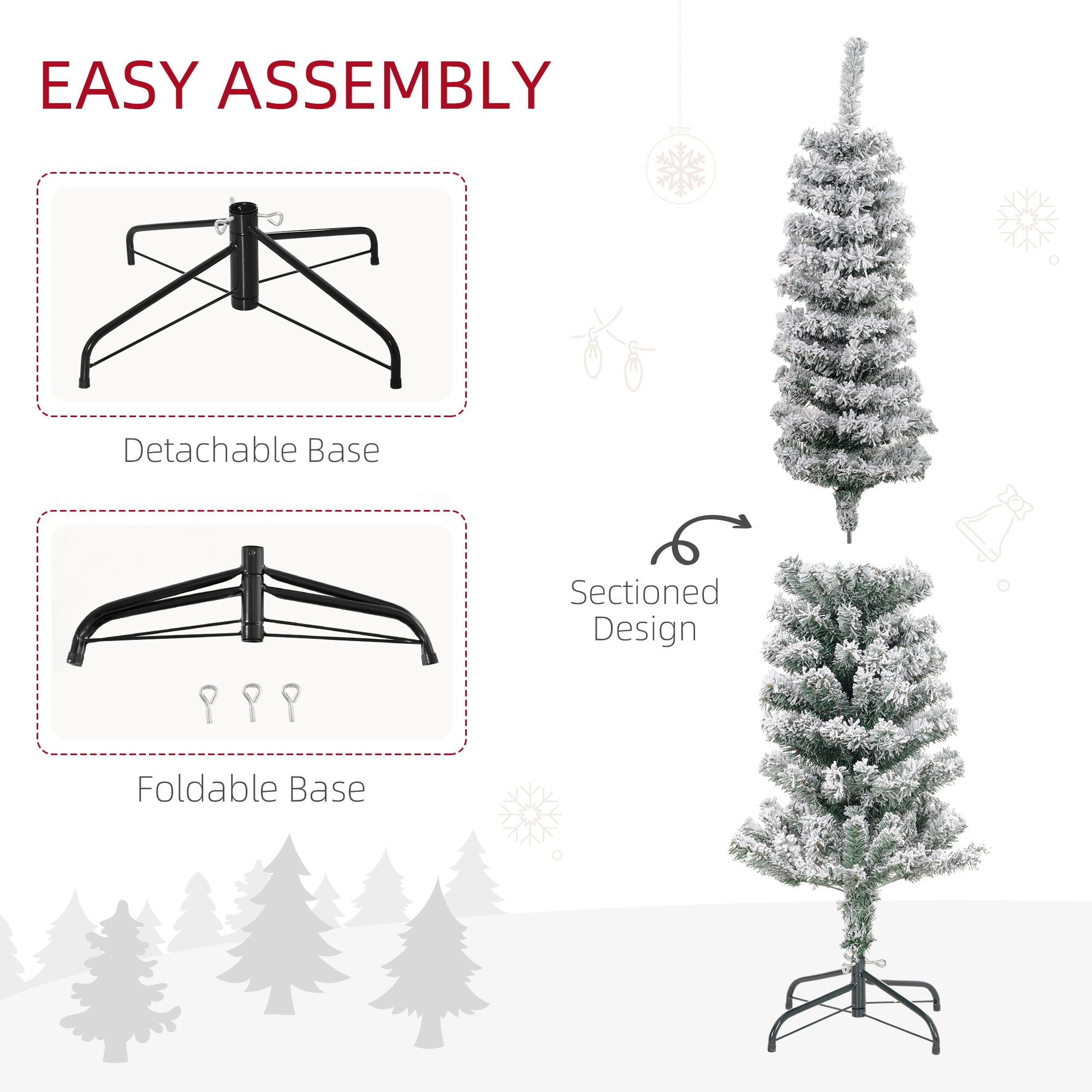 HOMCOM 5ft Snow Flocked Pencil Christmas Tree, Artificial Slim Xmas Tree with Realistic Branch Tips, Folding Metal Stand, Green