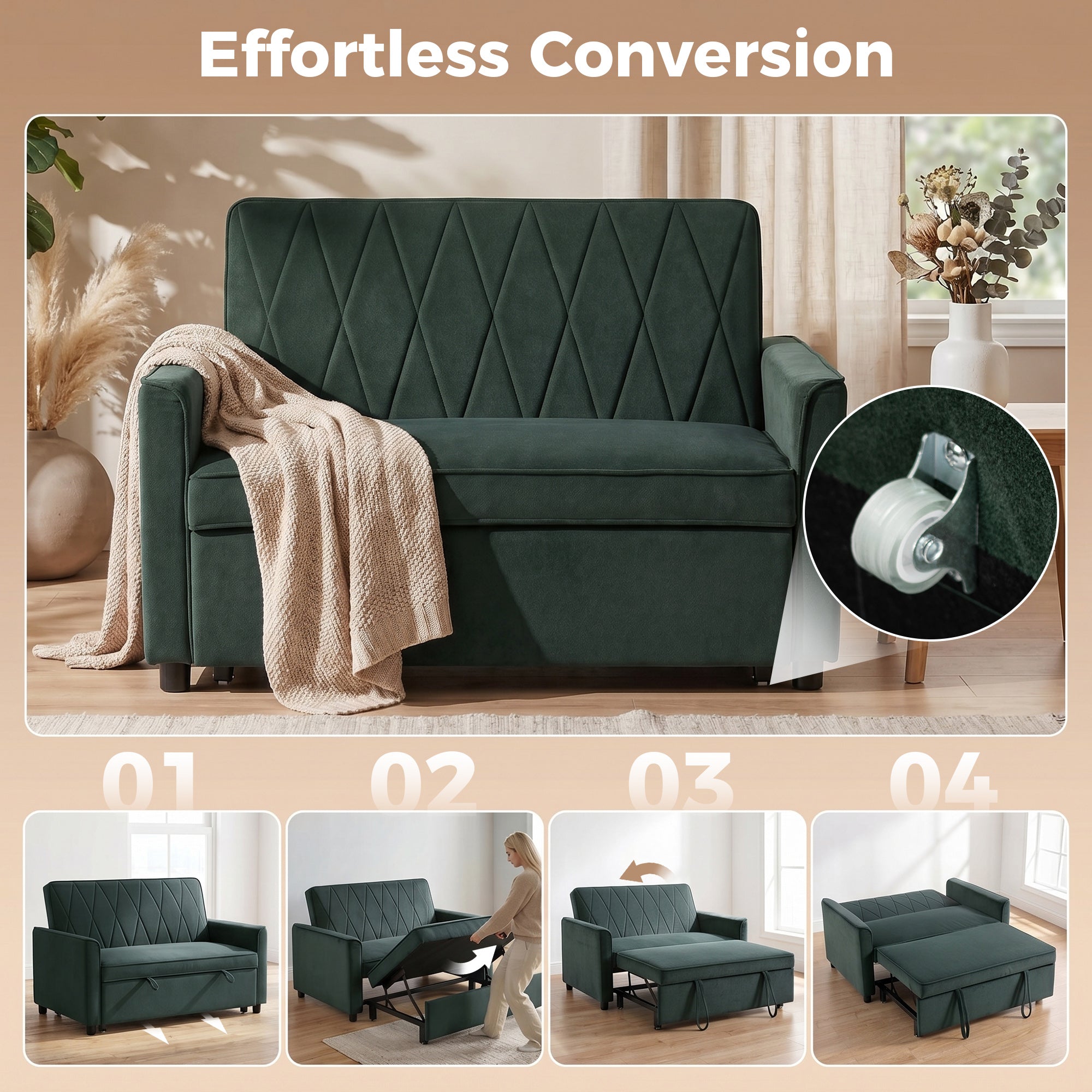 2 Seater Sofa Bed, 3-in-1 Convertible Pull Out Sleeper Sofa, Velvet Loveseat Bed Settee with Clik-Clack Adjustable Backrest, High-Density Foam for Living Room, Bedroom, Guest Room, Dark Green