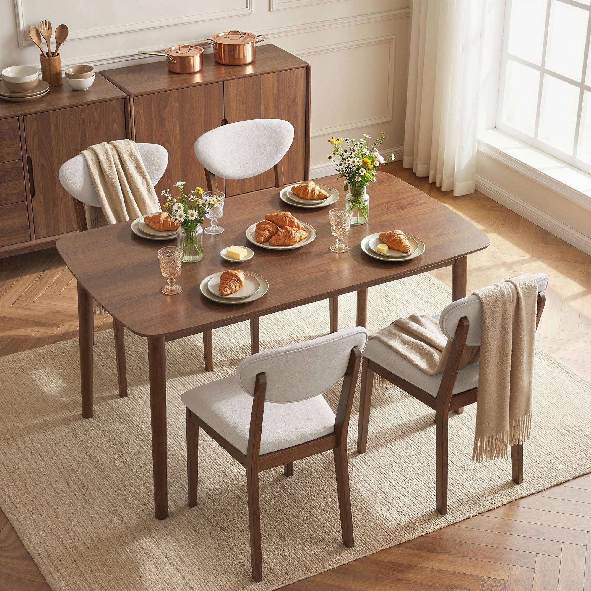 5-Piece Dining Table Set for 4, Mid-Century Modern Kitchen Table and Chairs with Padded Seats and Backrests, Solid Wood Frame for Small Space, Dining Room, Living Room, Cream White