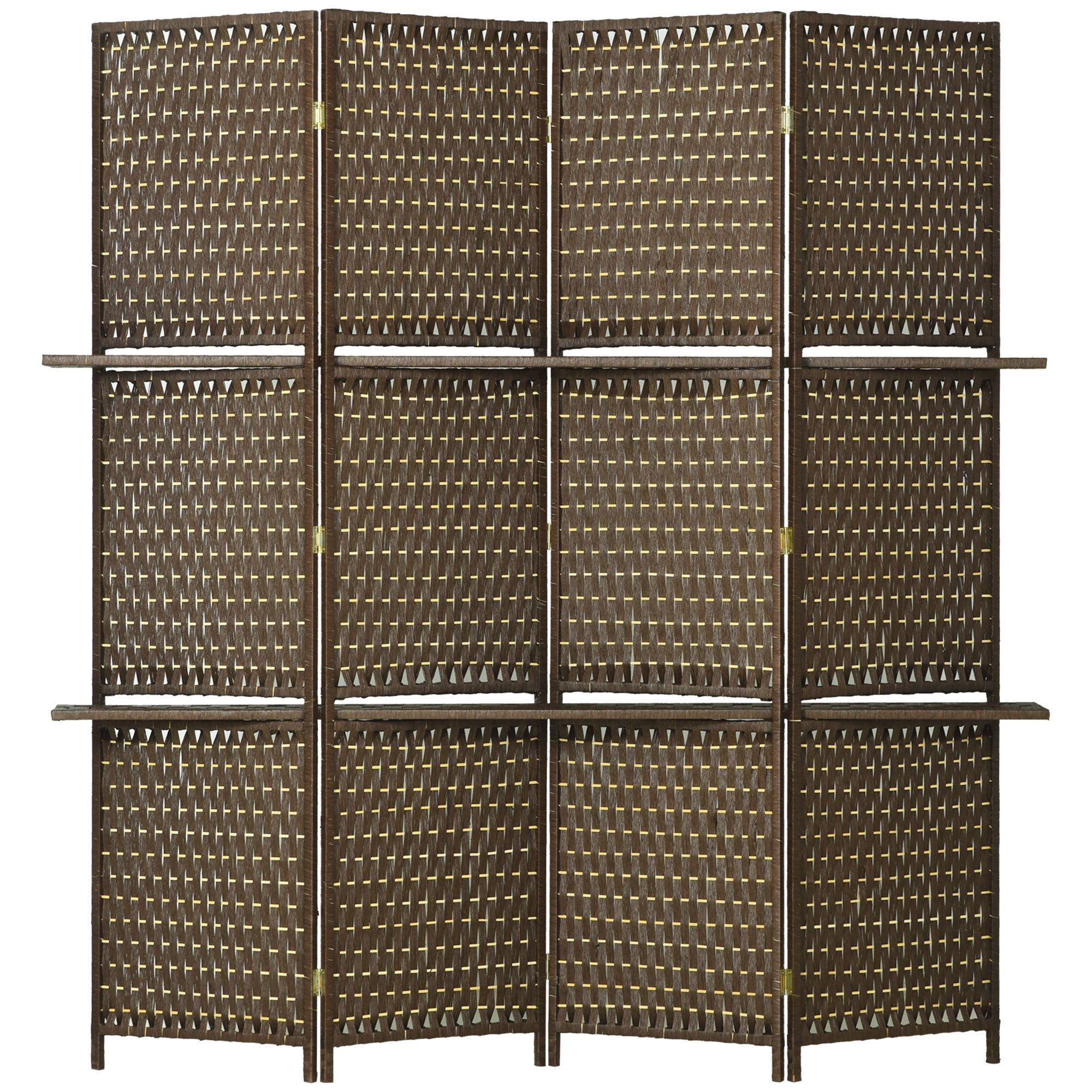 HOMCOM 4-Panel Room Dividers with Shelves, Wave Fibre Freestanding Folding Privacy Screen Panels, Partition Wall Divider for Indoor Bedroom Office, 180 cm, Brown