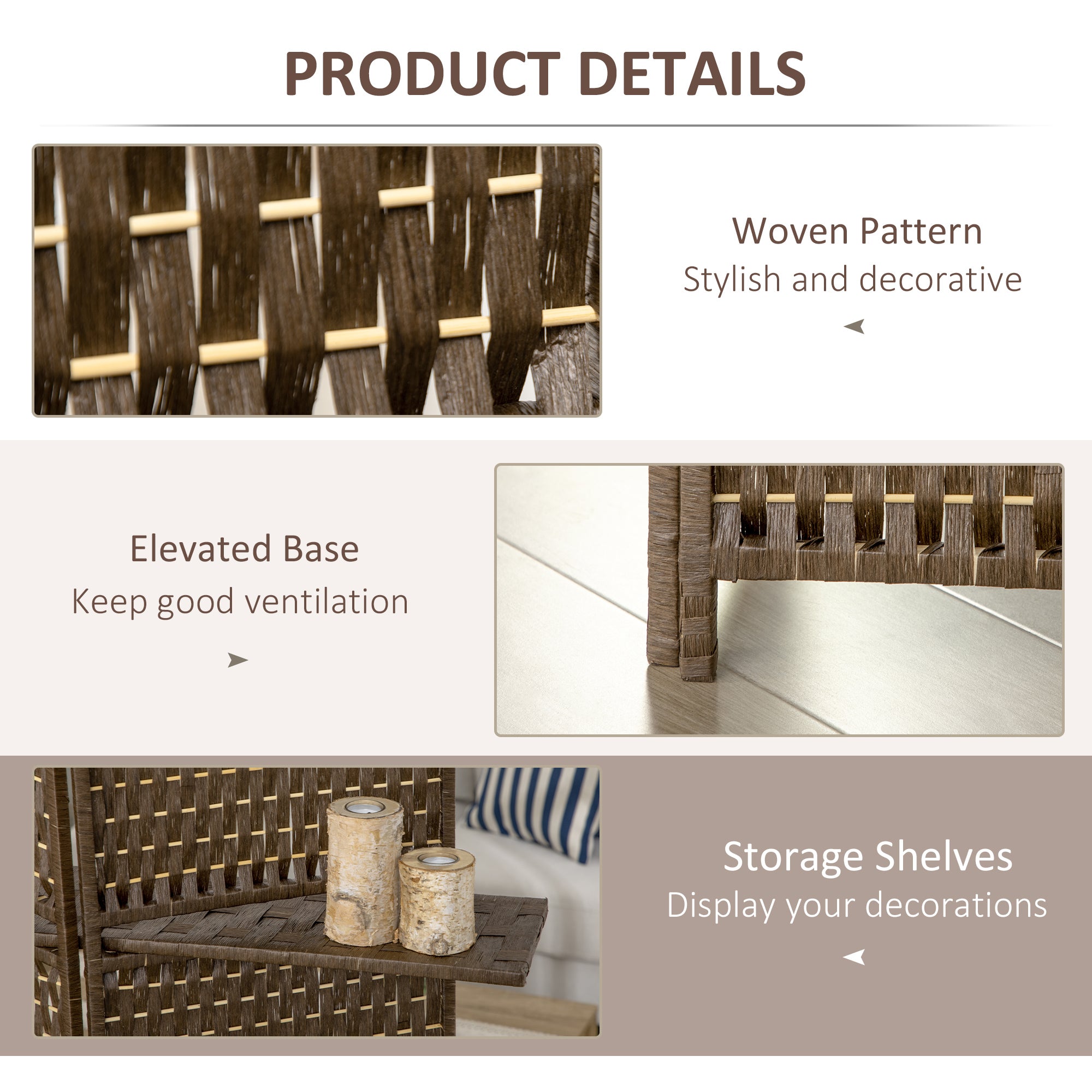 HOMCOM 4-Panel Room Dividers with Shelves, Wave Fibre Freestanding Folding Privacy Screen Panels, Partition Wall Divider for Indoor Bedroom Office, 180 cm, Brown