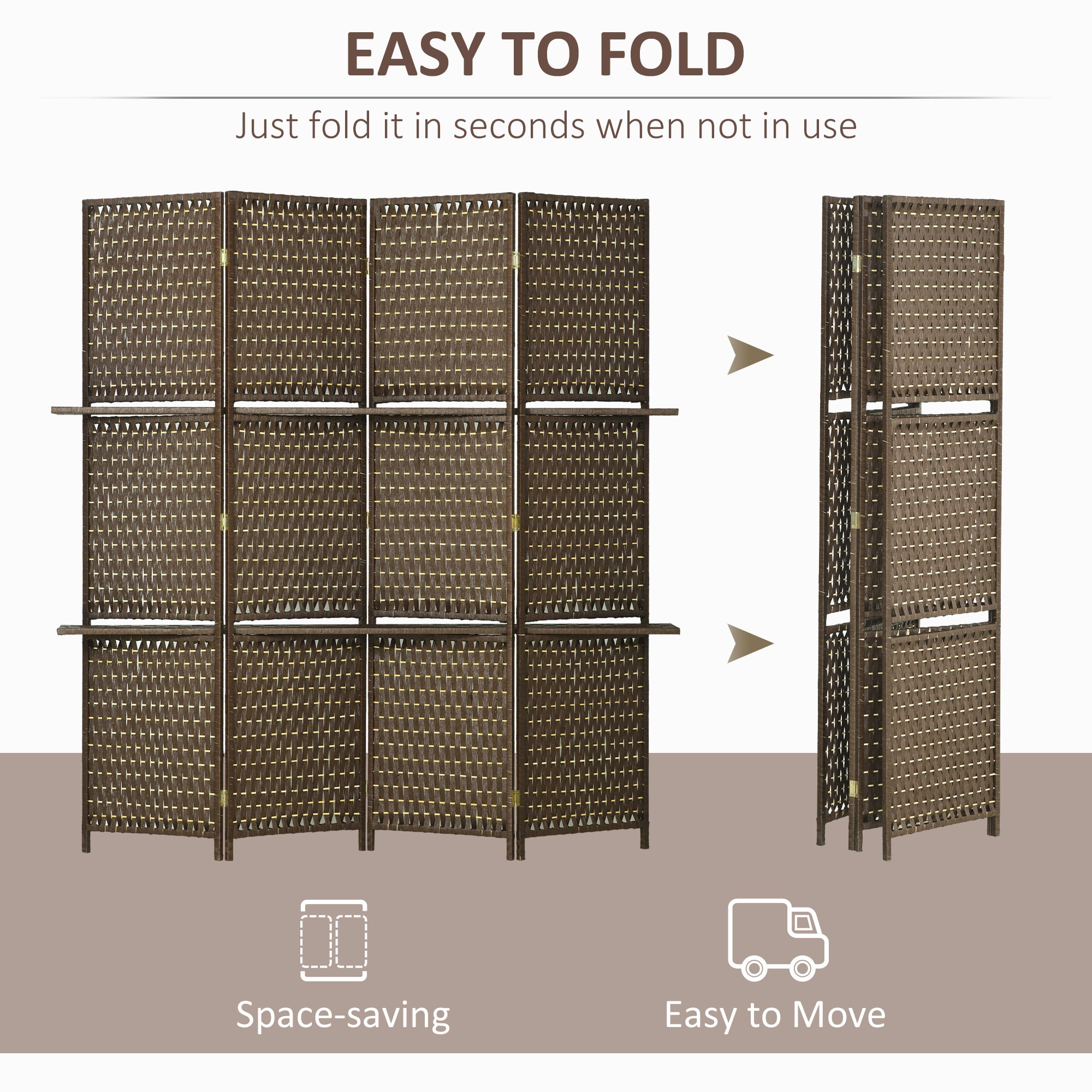 HOMCOM 4-Panel Room Dividers with Shelves, Wave Fibre Freestanding Folding Privacy Screen Panels, Partition Wall Divider for Indoor Bedroom Office, 180 cm, Brown