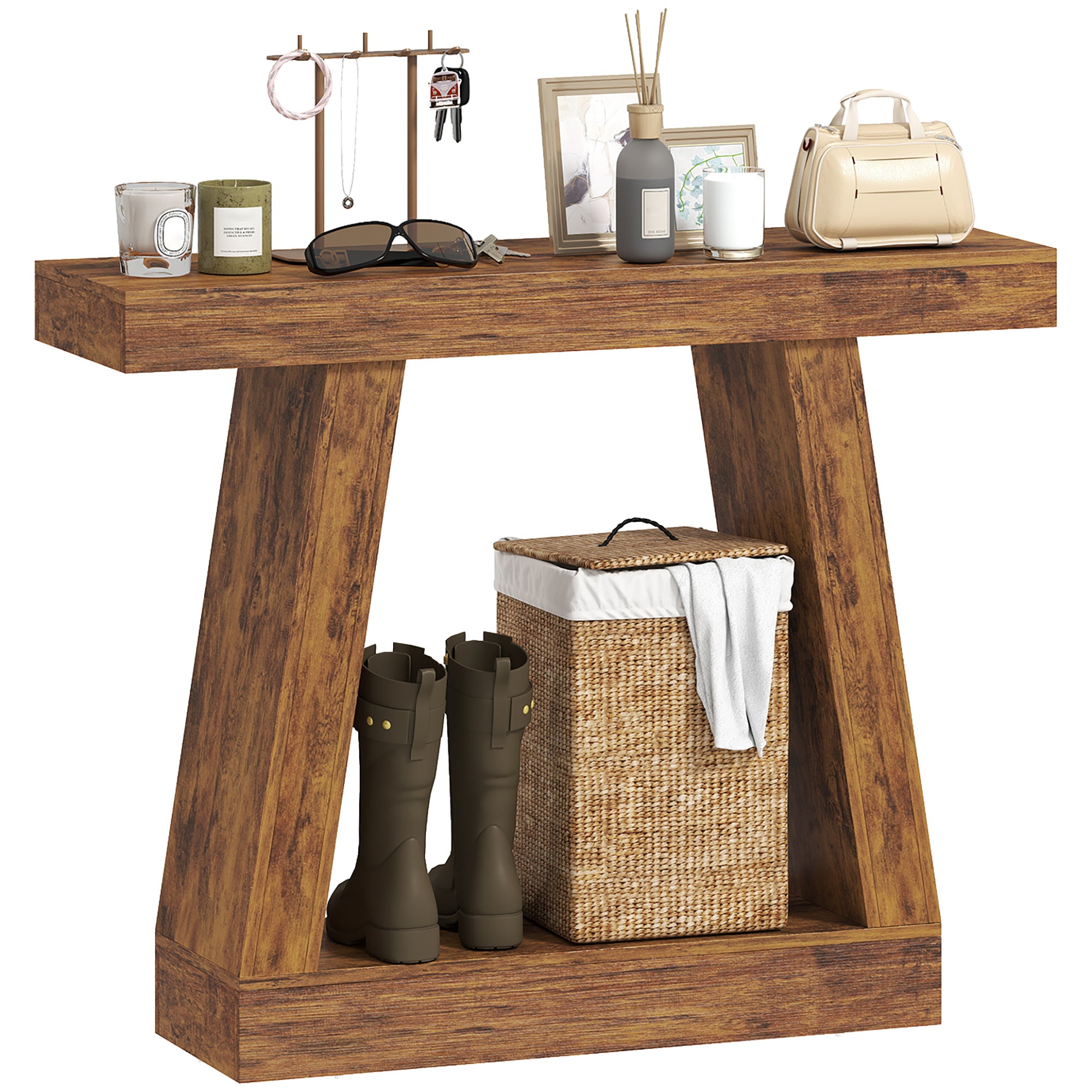 42" Farmhouse Console Table, 2-Tier Entryway Table with Storage and Thickened Tabletop for Hallway, Living Room, Entrance, Behind Couch, Dark Brown