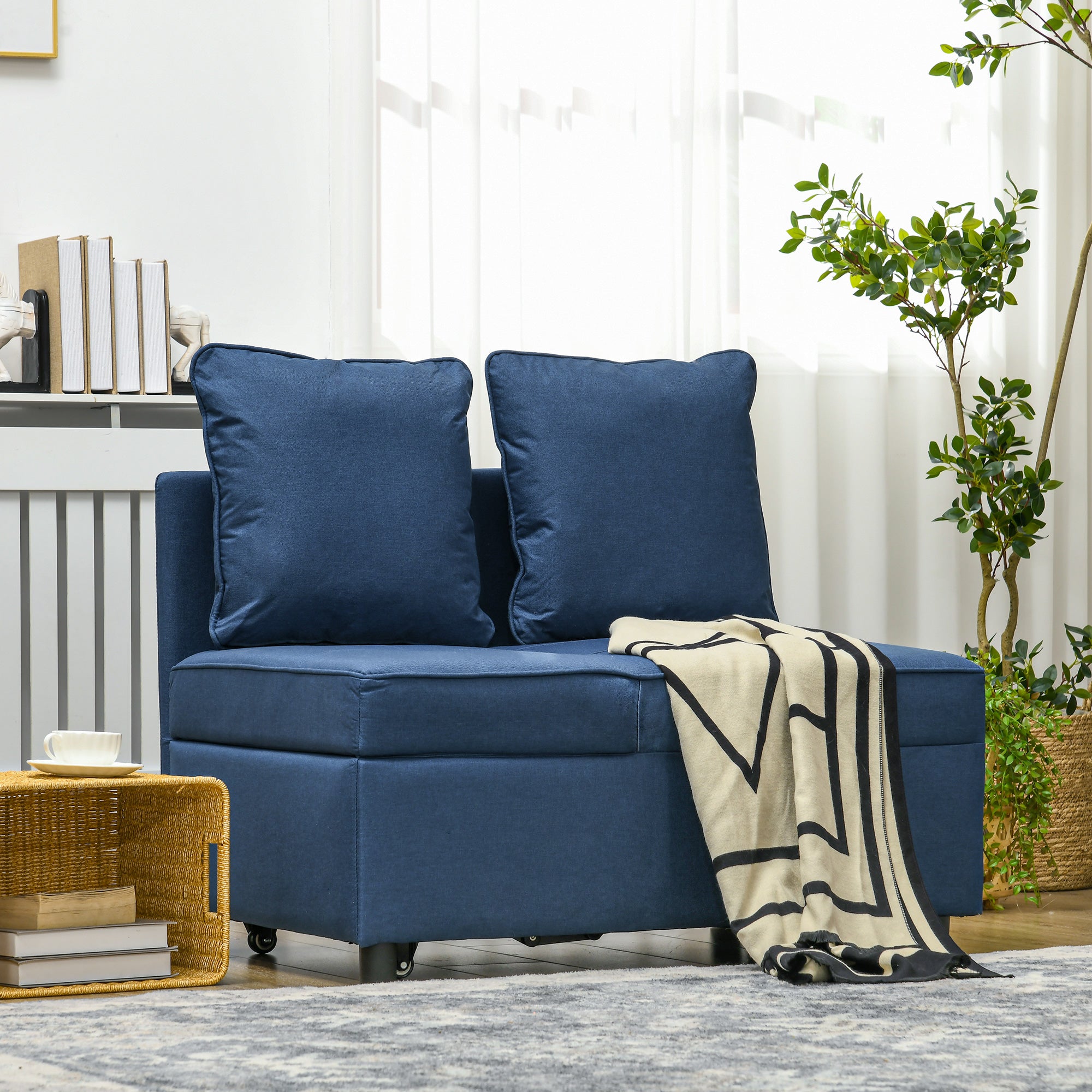 HOMCOM Convertible Single Sofa Bed with Thick Padded Seat, 3-in-1 Multi-Functional Sleeper Chair Bed with Magazine Pocket, for Living Room, Blue