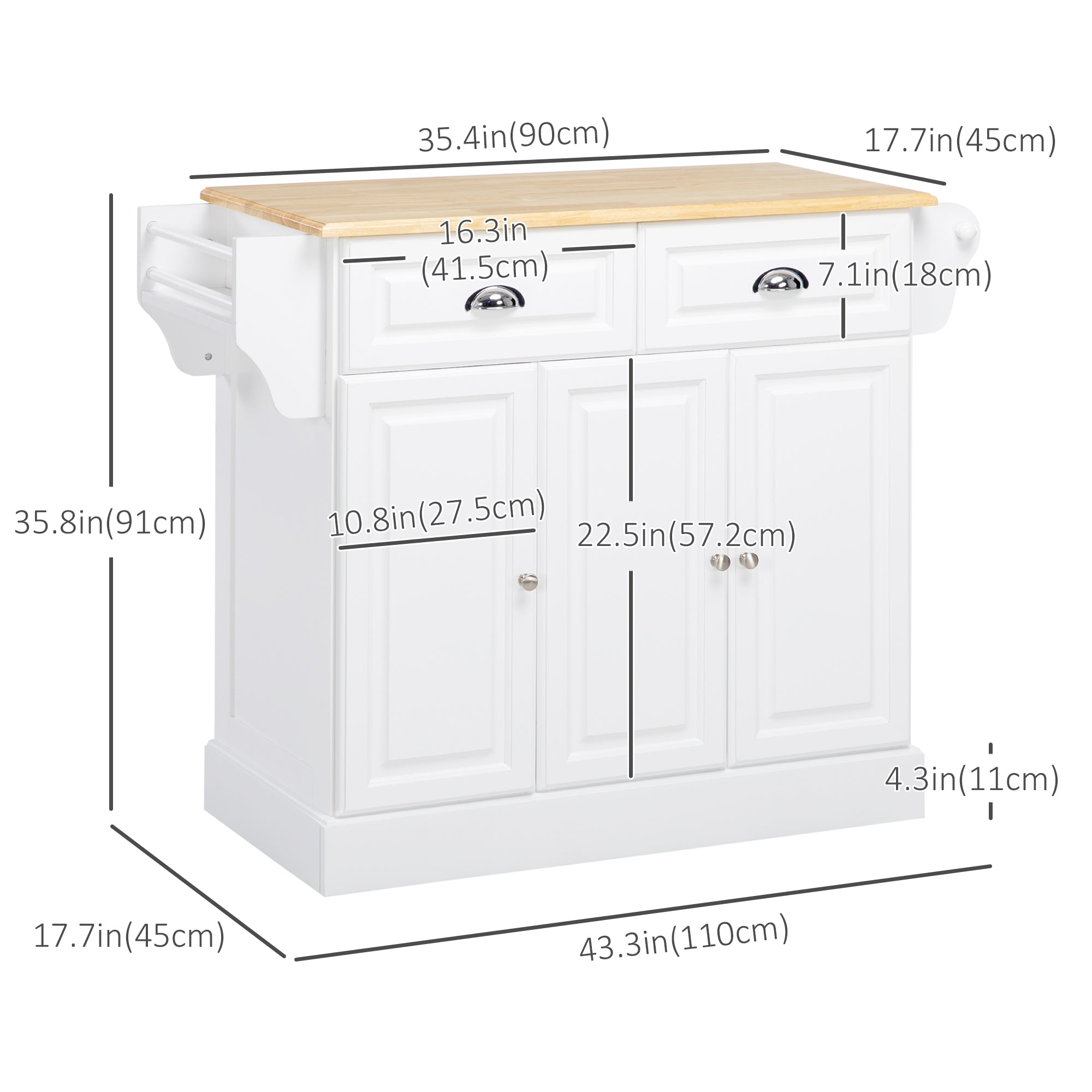 HOMCOM Kitchen Island on Wheels, Rolling Kitchen Cart with Rubber Wood Top, Towel Rack, Spice Rack, Storage Drawer and Cabinet, White