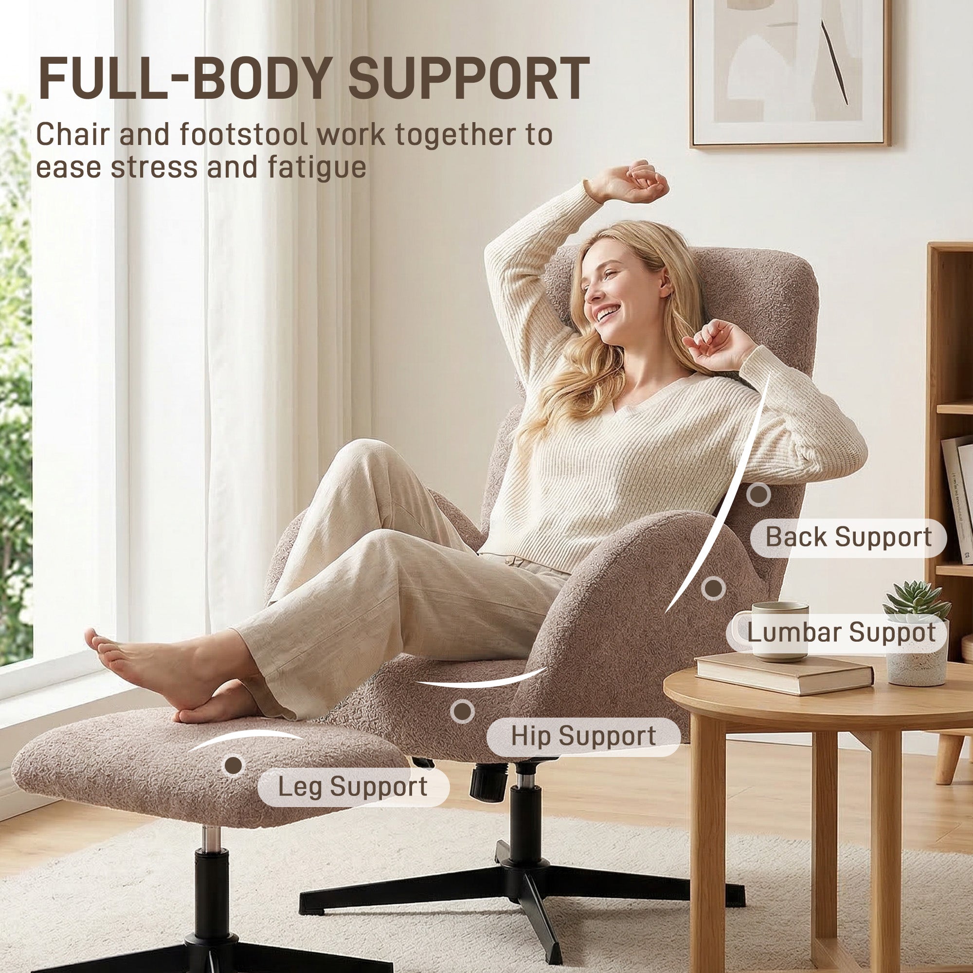Swivel Armchair and Footstool Set, Raindrop Velvet Height Adjustable Accent Chair with Adjustable Headrest, Rocking Function, Wide Back, Modern Lounge Chair for Living Room, Light Brown