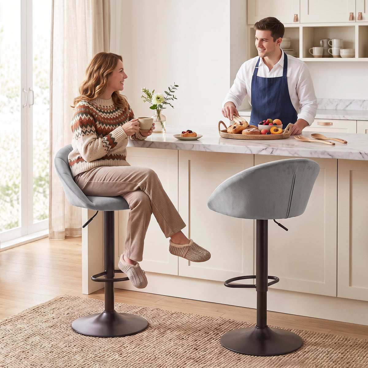 Breakfast Bar Stools Set of 2, Modern Velvet-Feel Swivel BarStools, Adjustable Counter Height Bar Chairs with Backrest and Footrest for Kitchen Island, Dining Room, Bar, Light Grey
