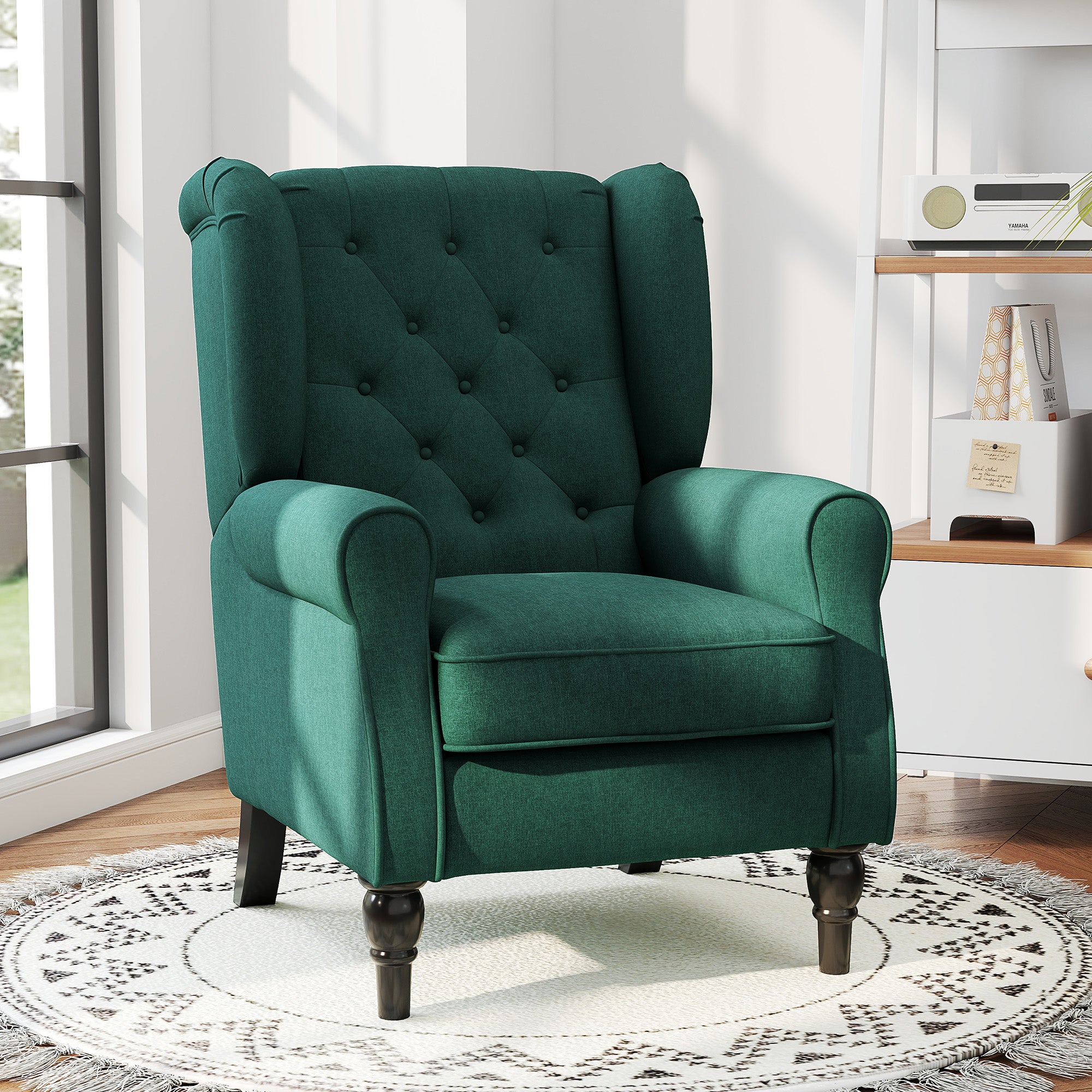 Retro Accent Chair, Linen Wingback Armchair with Wood Frame Button Tufted Design for Living Room Bedroom, Dark Green