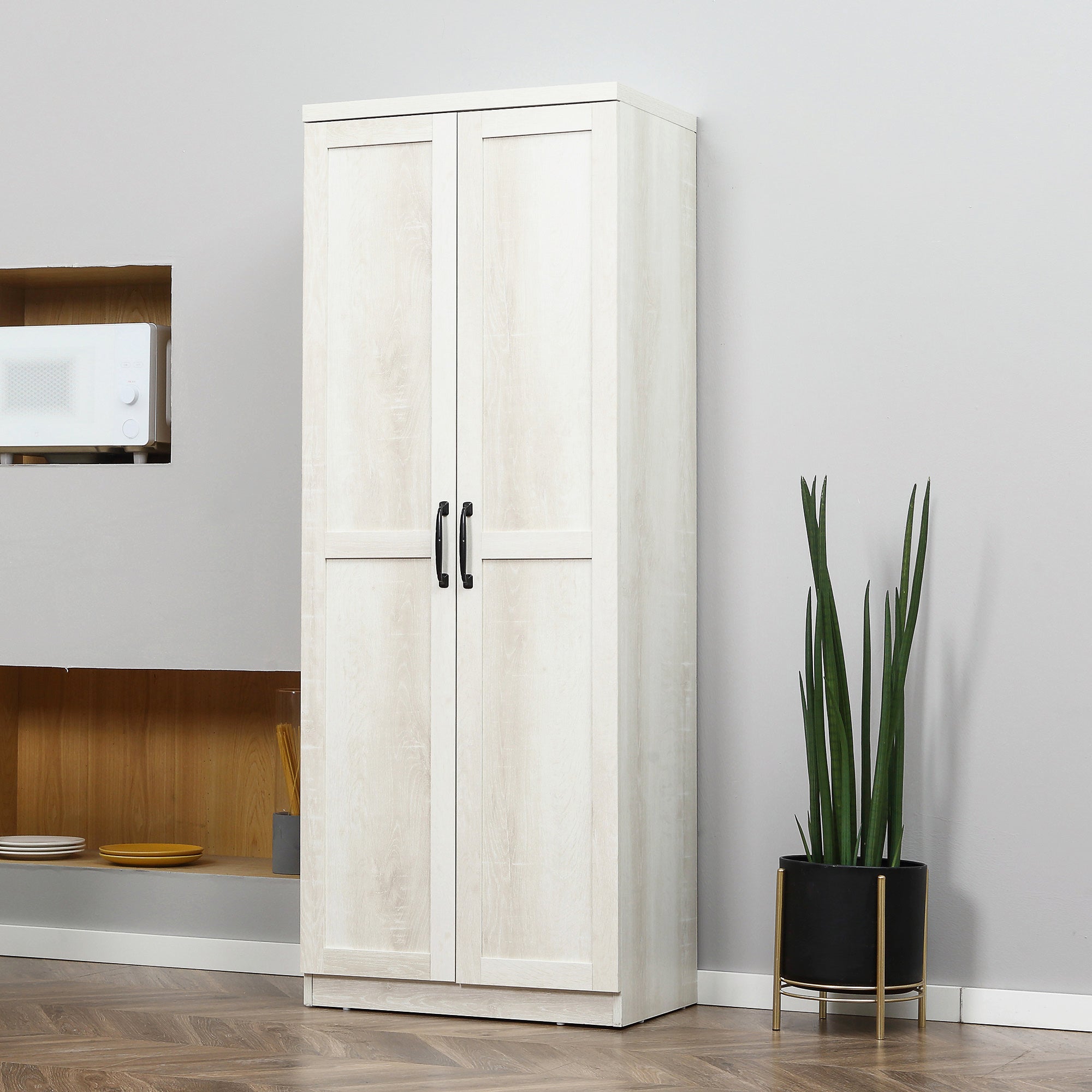 63" 2-Door Kitchen Pantry with 5-tier Shelving and 2 Adjustable Shelves, Antique White