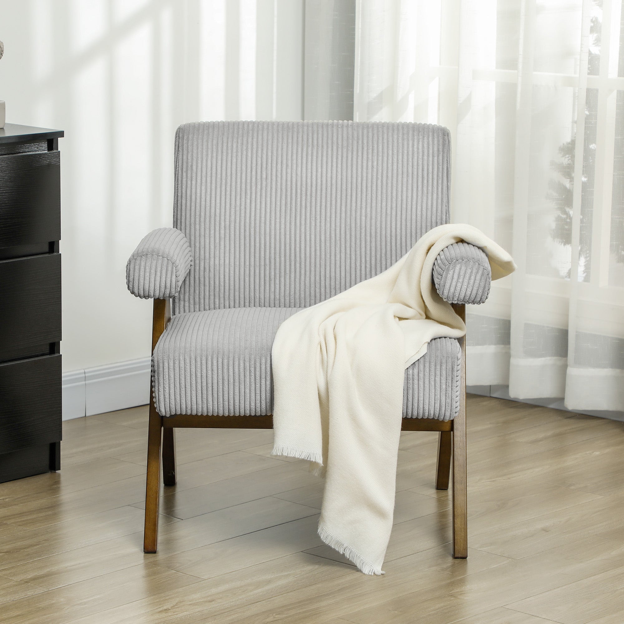 HOMCOM Accent Chair with Wide Seat, Corduroy Upholstered Armchair, Modern Living Room Chair with Soft Padded Armrests and Solid Wood Legs for Reading, Bedroom, Light Grey