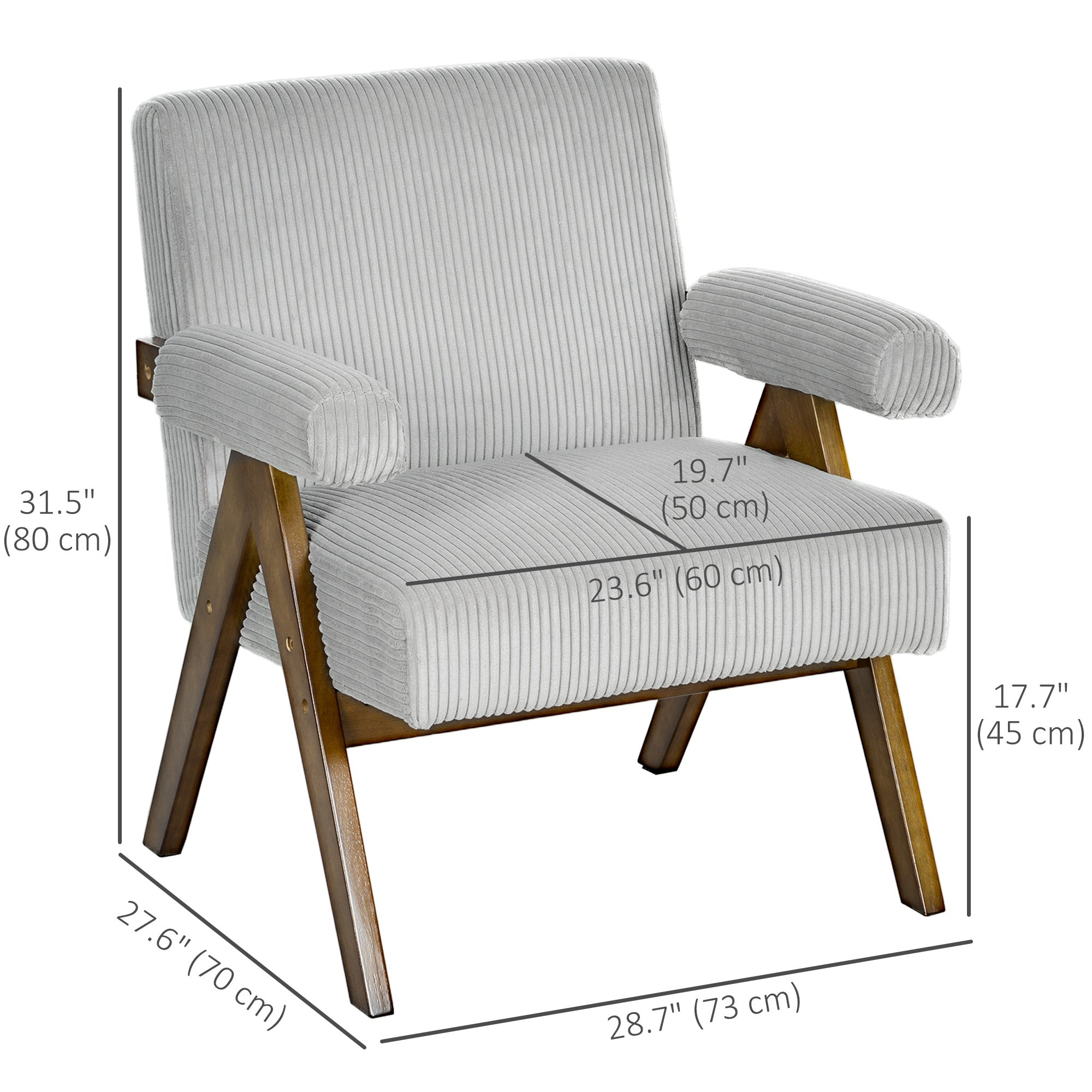 HOMCOM Accent Chair with Wide Seat, Corduroy Upholstered Armchair, Modern Living Room Chair with Soft Padded Armrests and Solid Wood Legs for Reading, Bedroom, Light Grey