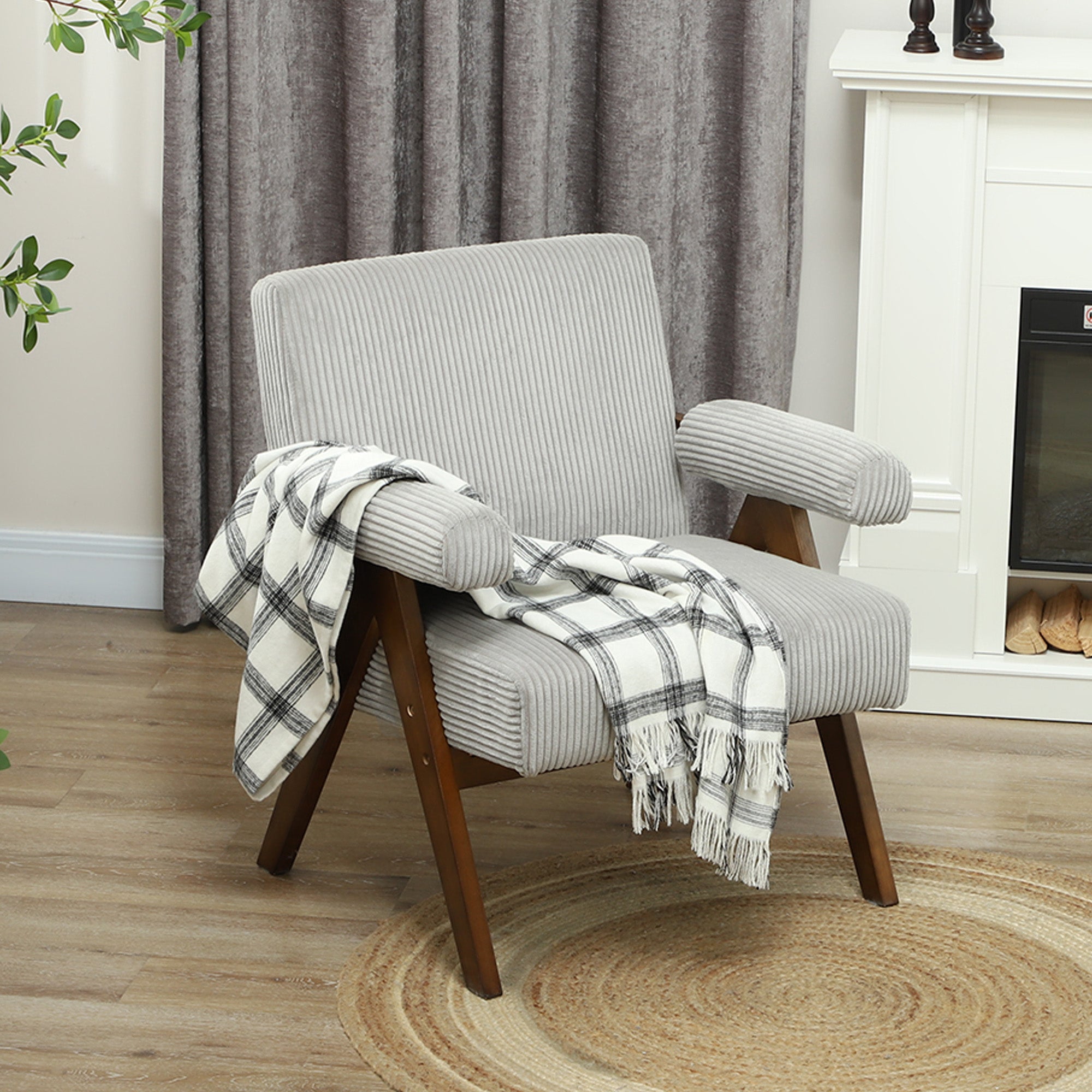 HOMCOM Accent Chair with Wide Seat, Corduroy Upholstered Armchair, Modern Living Room Chair with Soft Padded Armrests and Solid Wood Legs for Reading, Bedroom, Light Grey