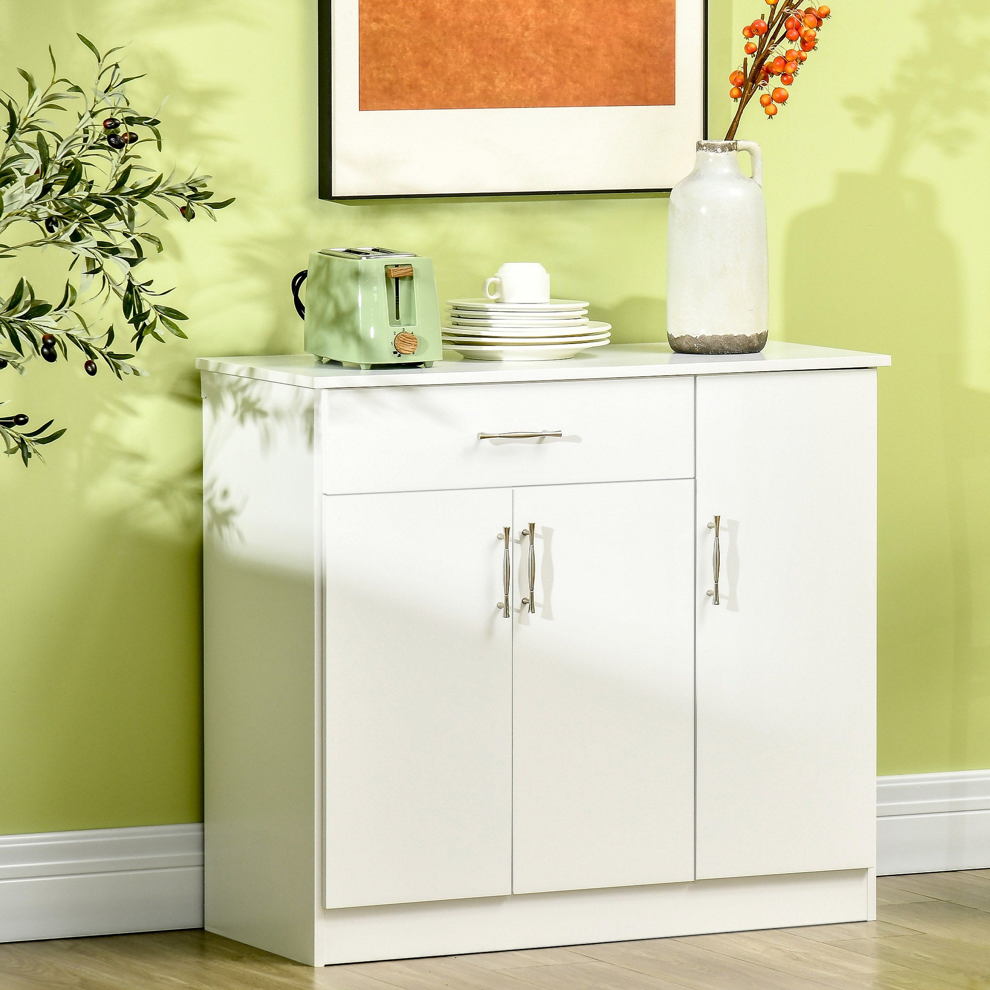 Kitchen Sideboard Buffet Table w/ Drawer, Double Door Cabinet & Adjustable Shelves, White