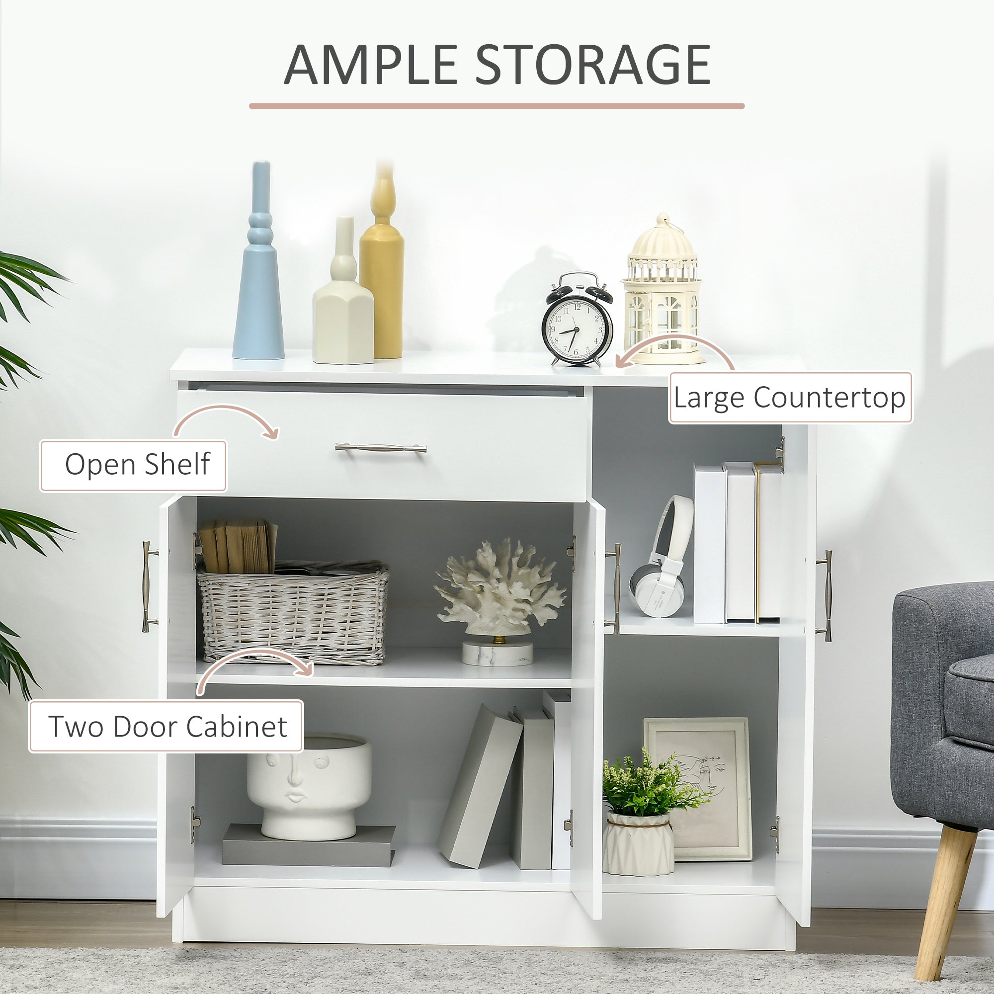 Kitchen Sideboard Buffet Table w/ Drawer, Double Door Cabinet & Adjustable Shelves, White