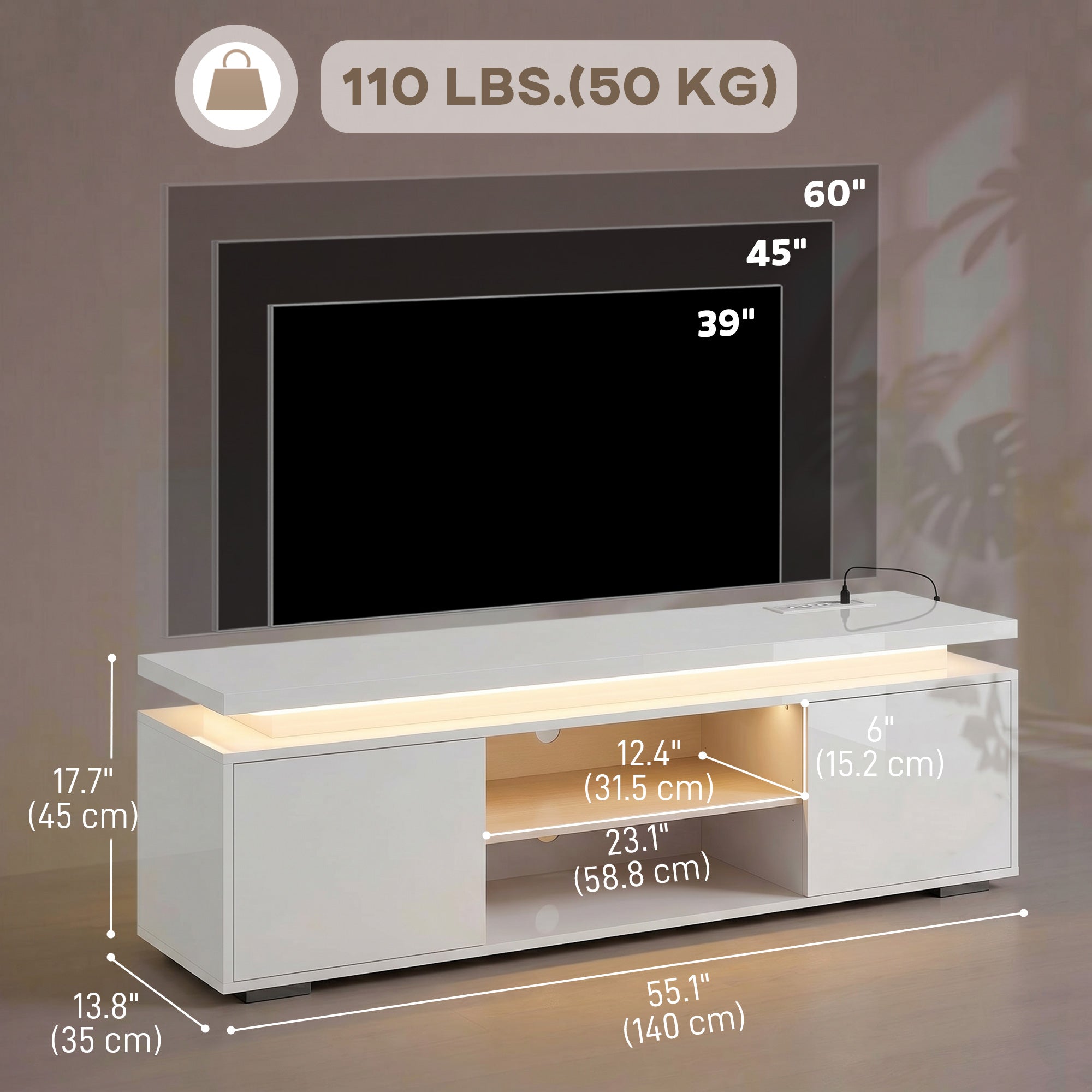TV Stand for TVs up to 60 Inch, Modern Entertainment Center with LED Lights and Power Outlets, Media Console Table with 2 Cabinets & Adjustable Open Shelf, High Gloss White