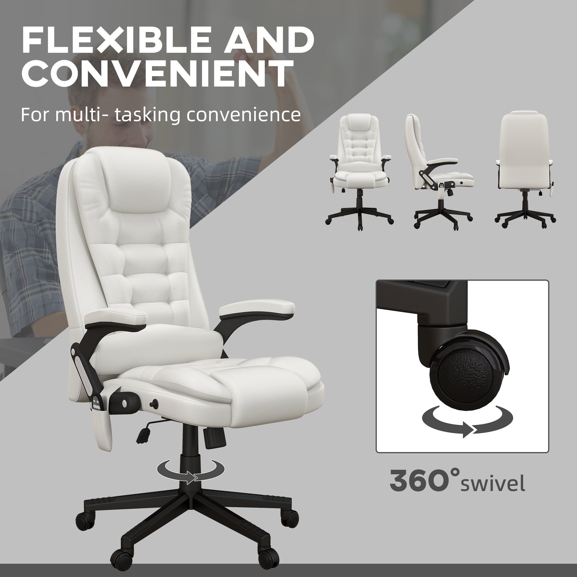 Heated Massage Office Chair with 6 Vibration Points, Armrest and Remote, White
