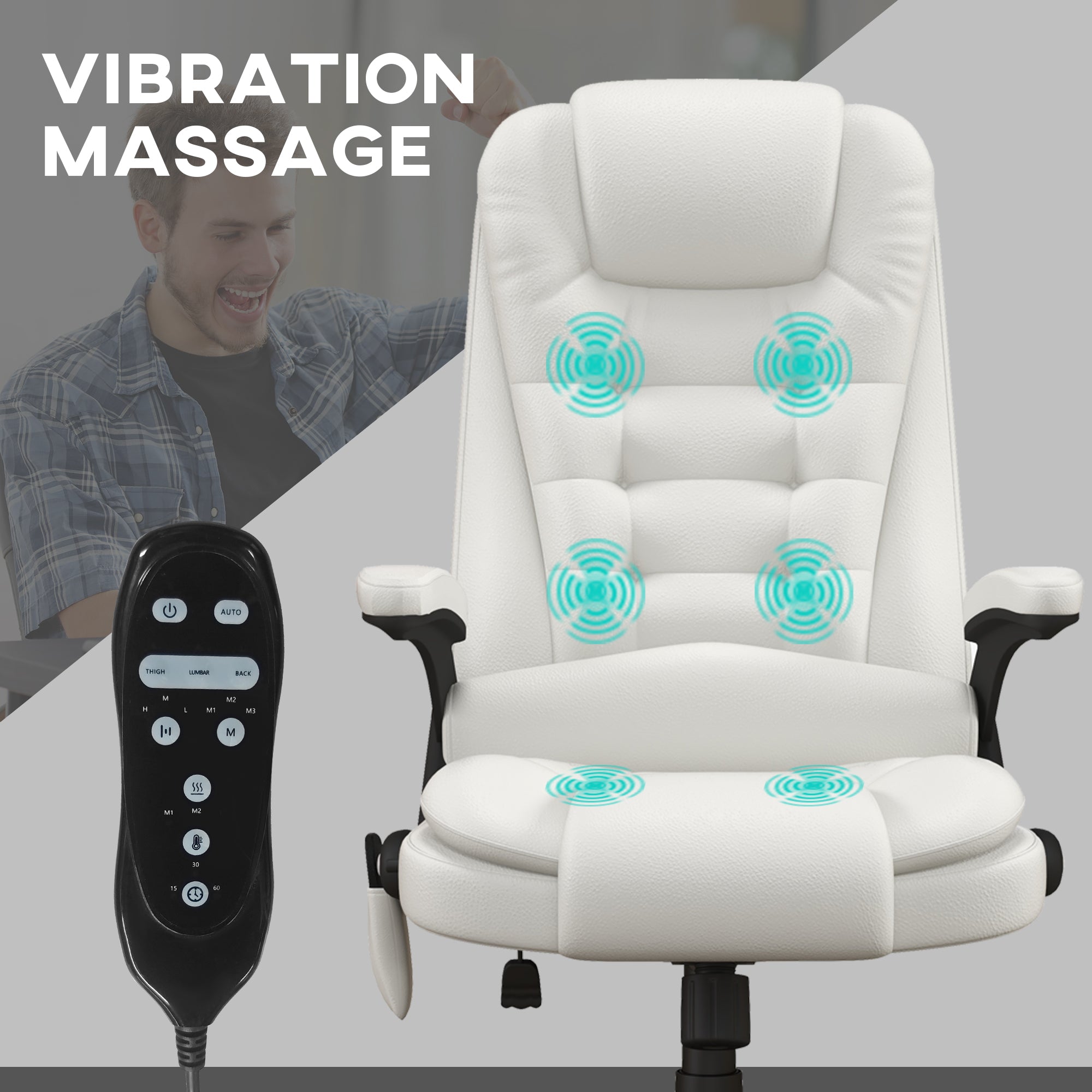 Heated Massage Office Chair with 6 Vibration Points, Armrest and Remote, White