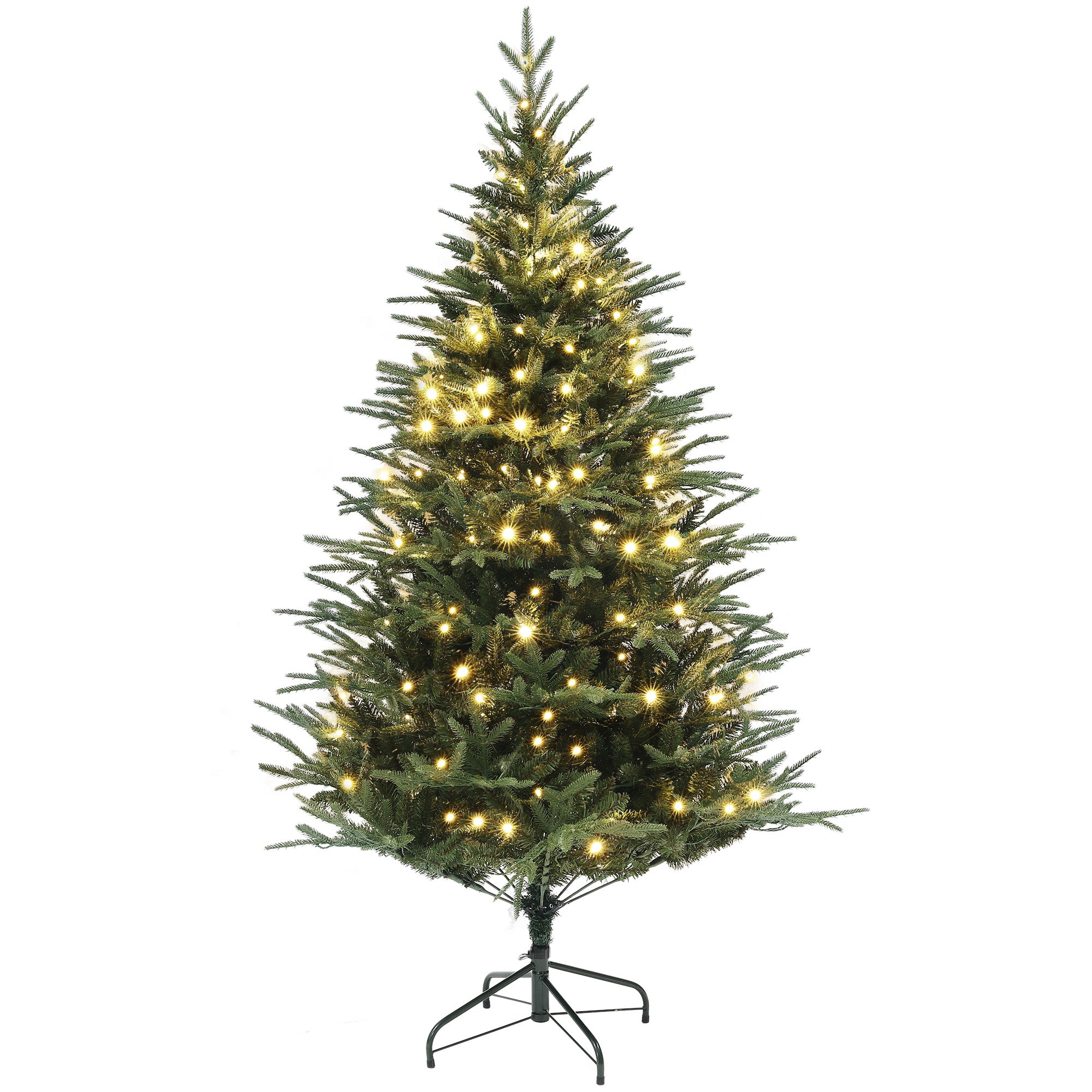 6ft Prelit Christmas Tree with 1022 Tips, Warm White LED Lights and Metal Base, Hinged Artificial Xmas Tree, Automatic Open, Green