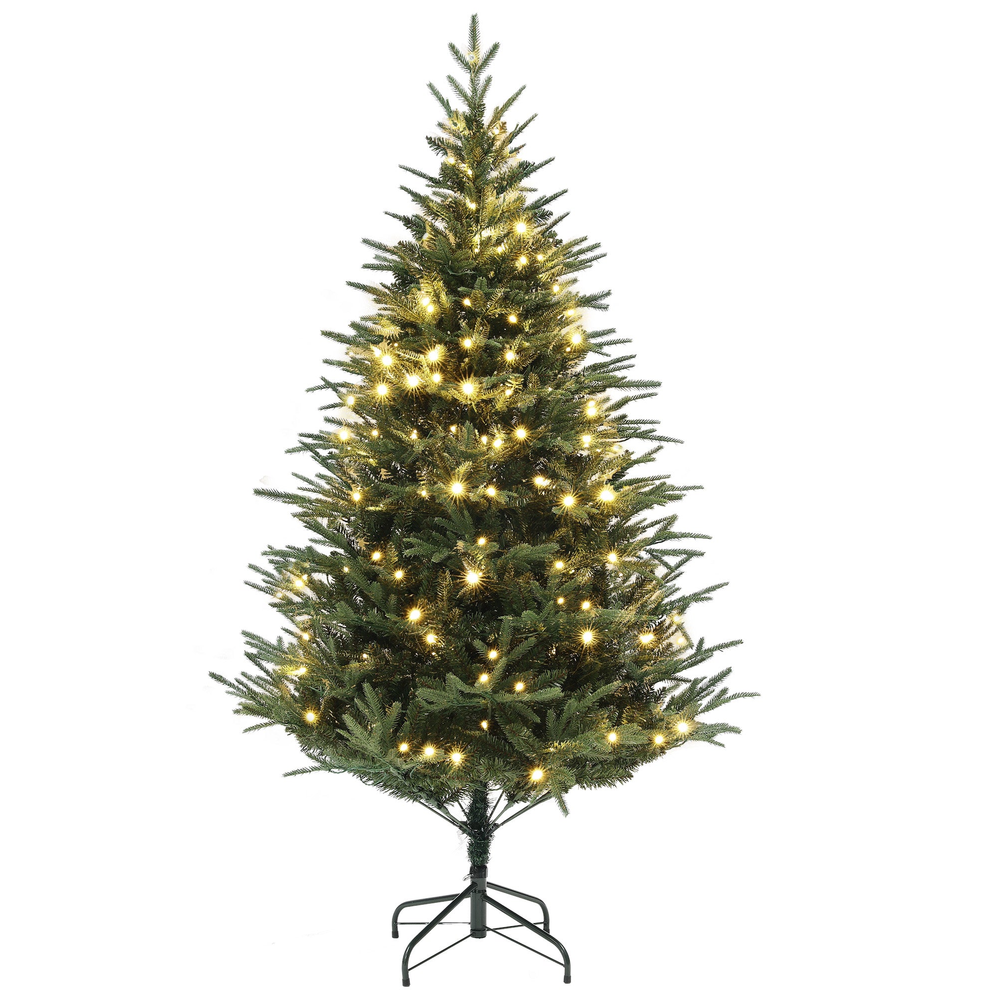 6ft Prelit Christmas Tree with 1022 Tips, Warm White LED Lights and Metal Base, Hinged Artificial Xmas Tree, Automatic Open, Green