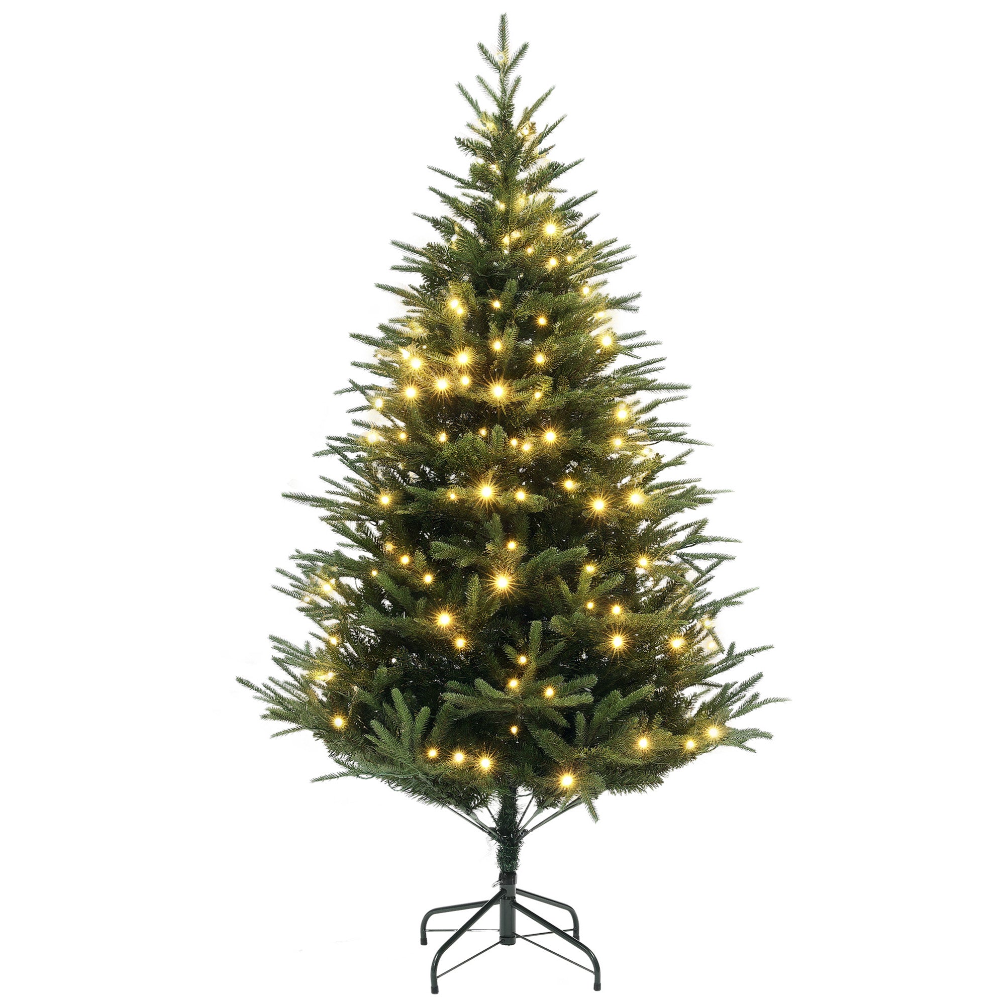 6ft Prelit Christmas Tree with 1022 Tips, Warm White LED Lights and Metal Base, Hinged Artificial Xmas Tree, Automatic Open, Green