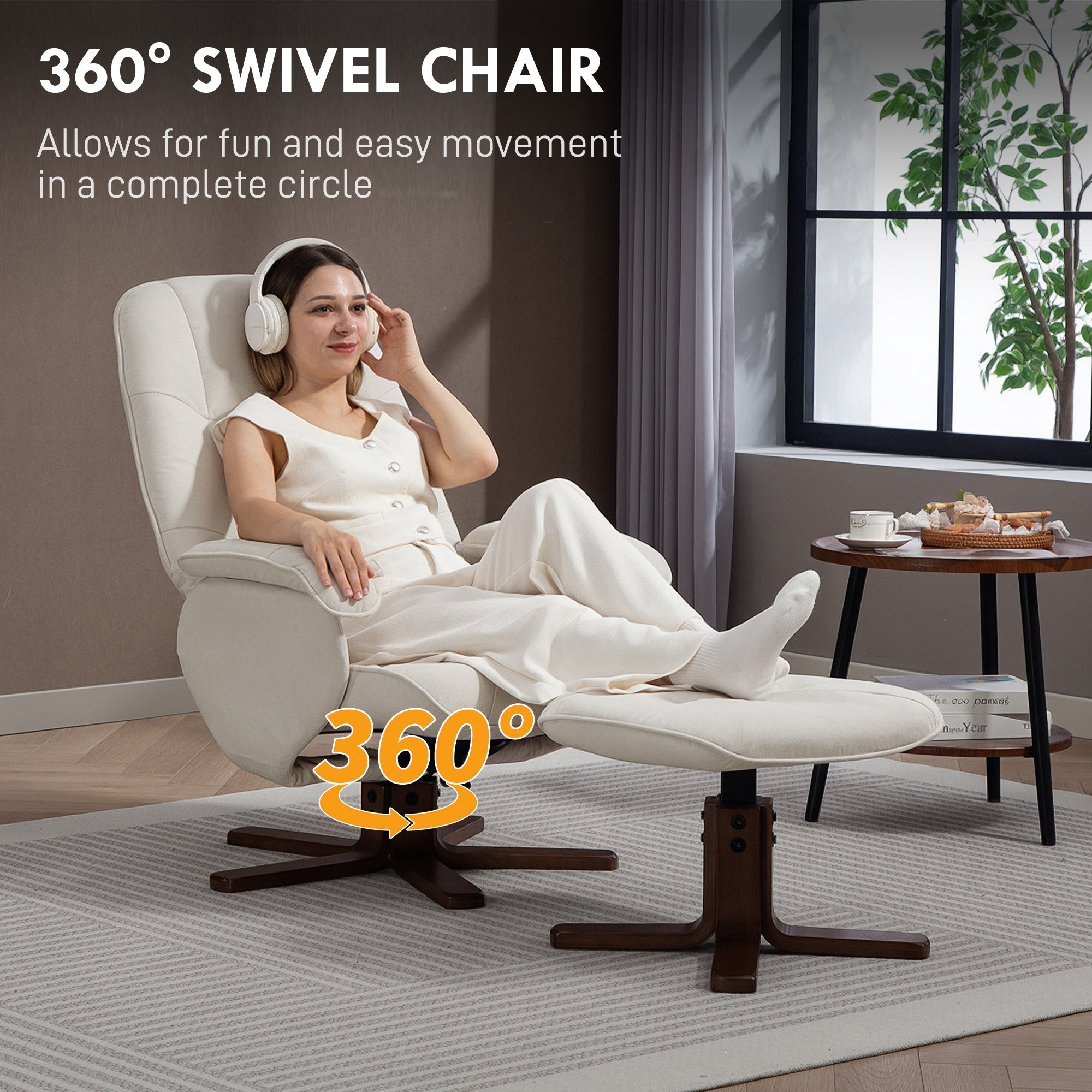 Linen Swivel Recliner Chair with Footstool, Upholstered Reclining Armchair with Wooden Base for Living Room, Beige