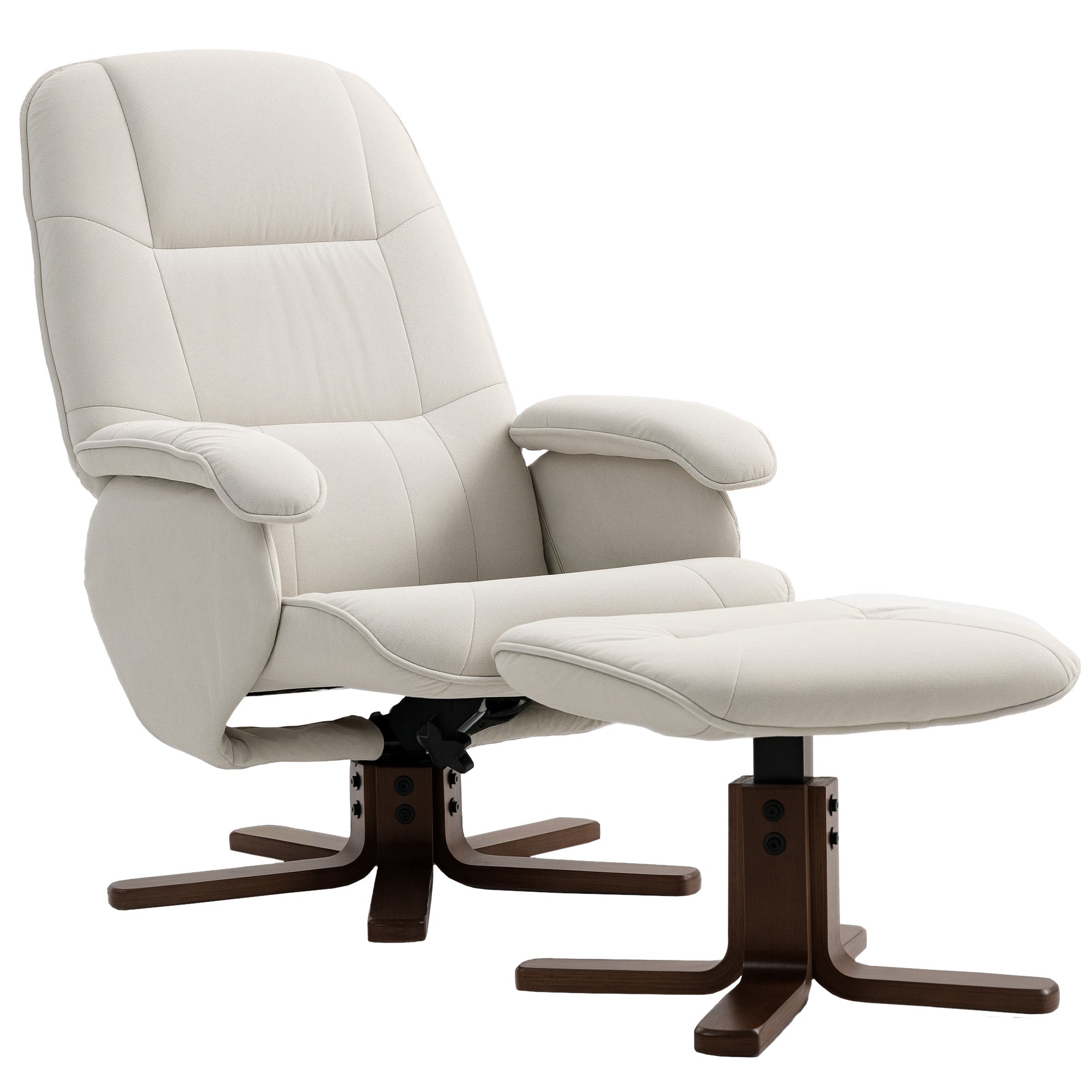 Linen Swivel Recliner Chair with Footstool, Upholstered Reclining Armchair with Wooden Base for Living Room, Beige
