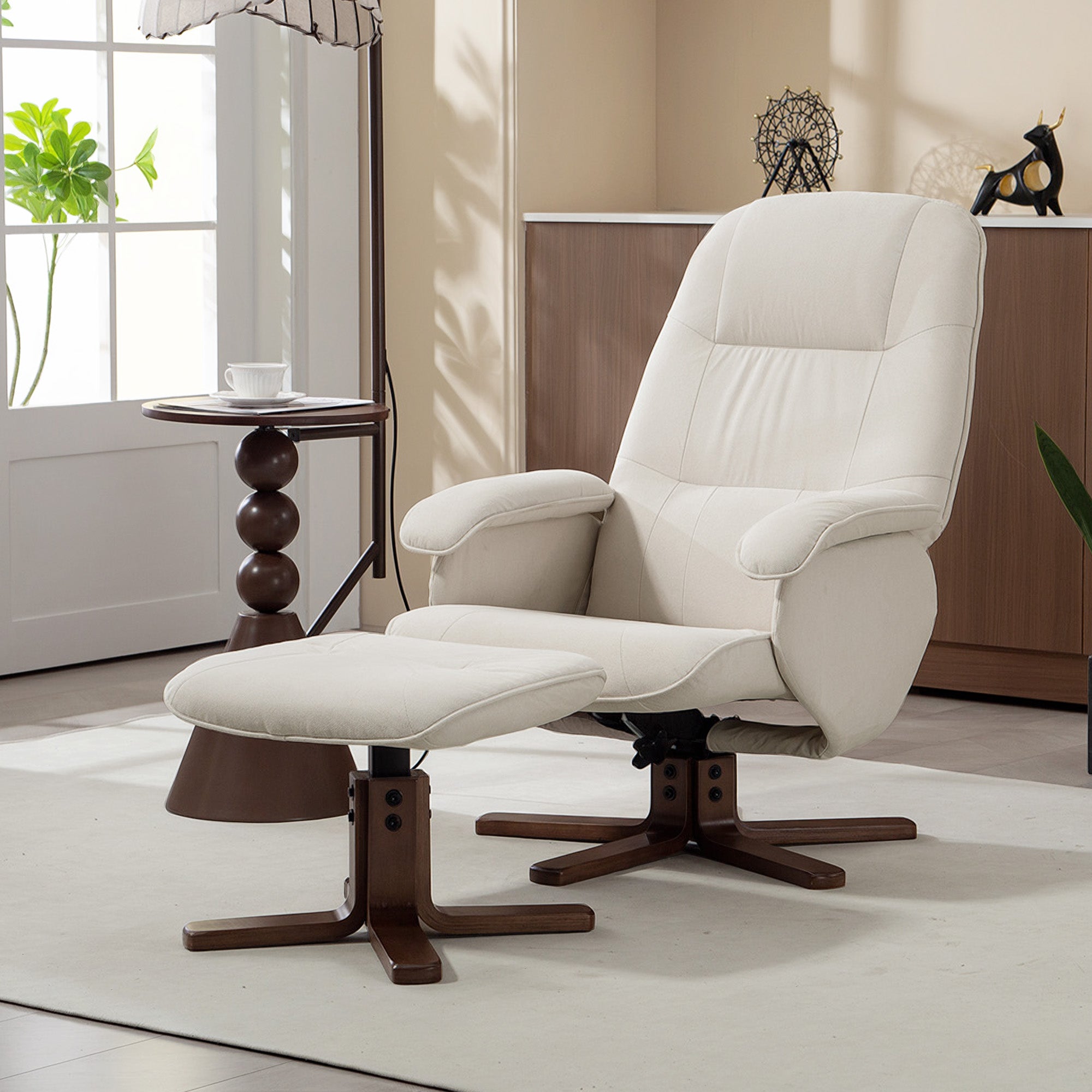 Linen Swivel Recliner Chair with Footstool, Upholstered Reclining Armchair with Wooden Base for Living Room, Beige